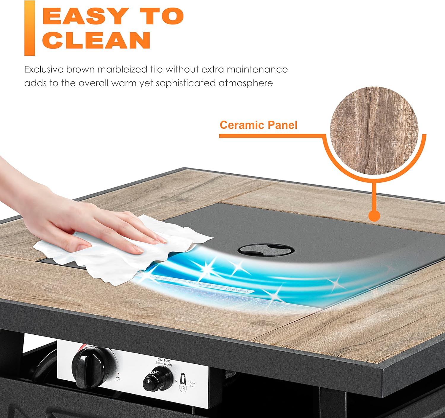 NUU GARDEN 5-Piece Patio Furniture Set with Fire Pit Table, 28'' 50,000 BTU Propane Gas Cabinet Fire Pit Table with Cover and 4 Dining Swivel Chairs with Padded Cushions, Black and Beige