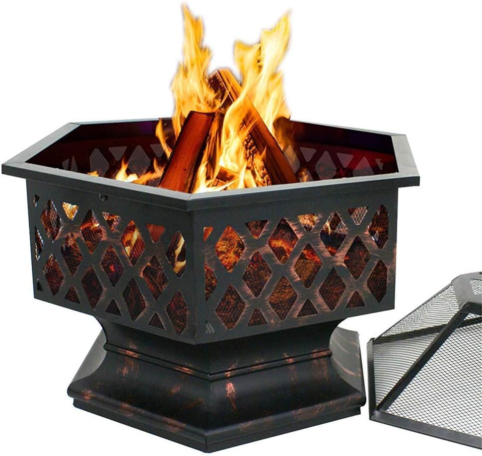 Portable Metal Fire Pit Hexagon Design Fireplace Stove,with Mesh Screen Cover Fireplace Stove Wood Burning,for Picnic Bonfire Patio