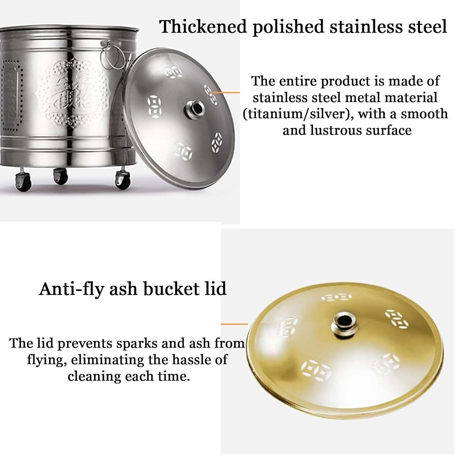 Stainless Steel Outdoor Smokeless Burn Barrel with Lid Garden Incinerator Burning Fire Bin Fire Pits with Wheels Burning Gold Barrel Burning Scripture Barrel for Paper Leaf Trash Indoor(Gold,10.2in)