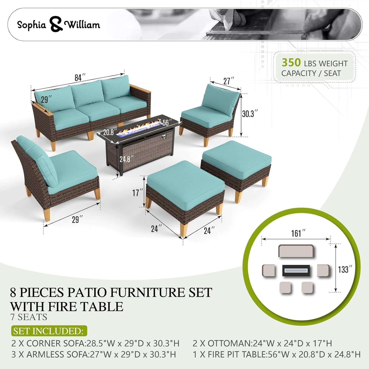 Sophia & William Patio Furniture Set with Fire Pit Table, 8 Piece Outdoor Wicker Furniture Sectional Sofa, Large Patio Rattan Conversation Set with Ottoman & 56