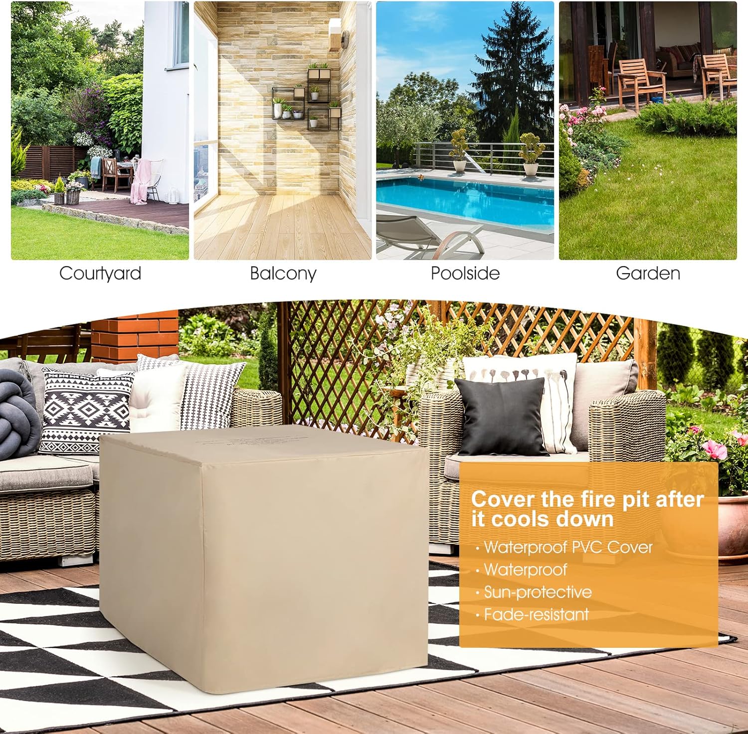 COSTWAY 9 Piece Patio Furniture Set with 35'' Fire Pit Table, Outdoor Wicker Rattan Sectional Sofa Set with 4'' Thickened Cushions, 2 Coffee Tables and 2 Ottomans for Poolside Backyard (Turquoise)