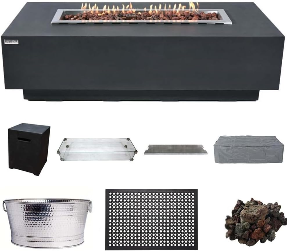 Elementi Granville Dark Grey Fire Pit Bundle Includes 60” Propane Concrete Firepit Table, Glass Windscreen, Stainless Steel Cover, Tank&Canvas Cover, Floor Mat and Beverage Tub
