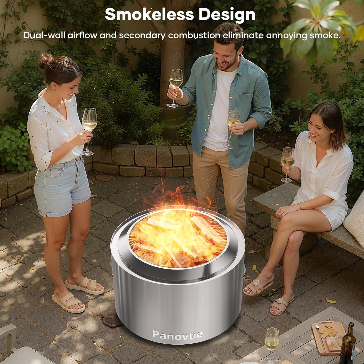 22 Inch Smokeless Fire Pit, Stainless Steel Wood Burning Outdoor Firepit for Outside Patio, Backyard, Camping and Outdoor Gatherings,Outdoor Fire Place with Removable Ash Pan
