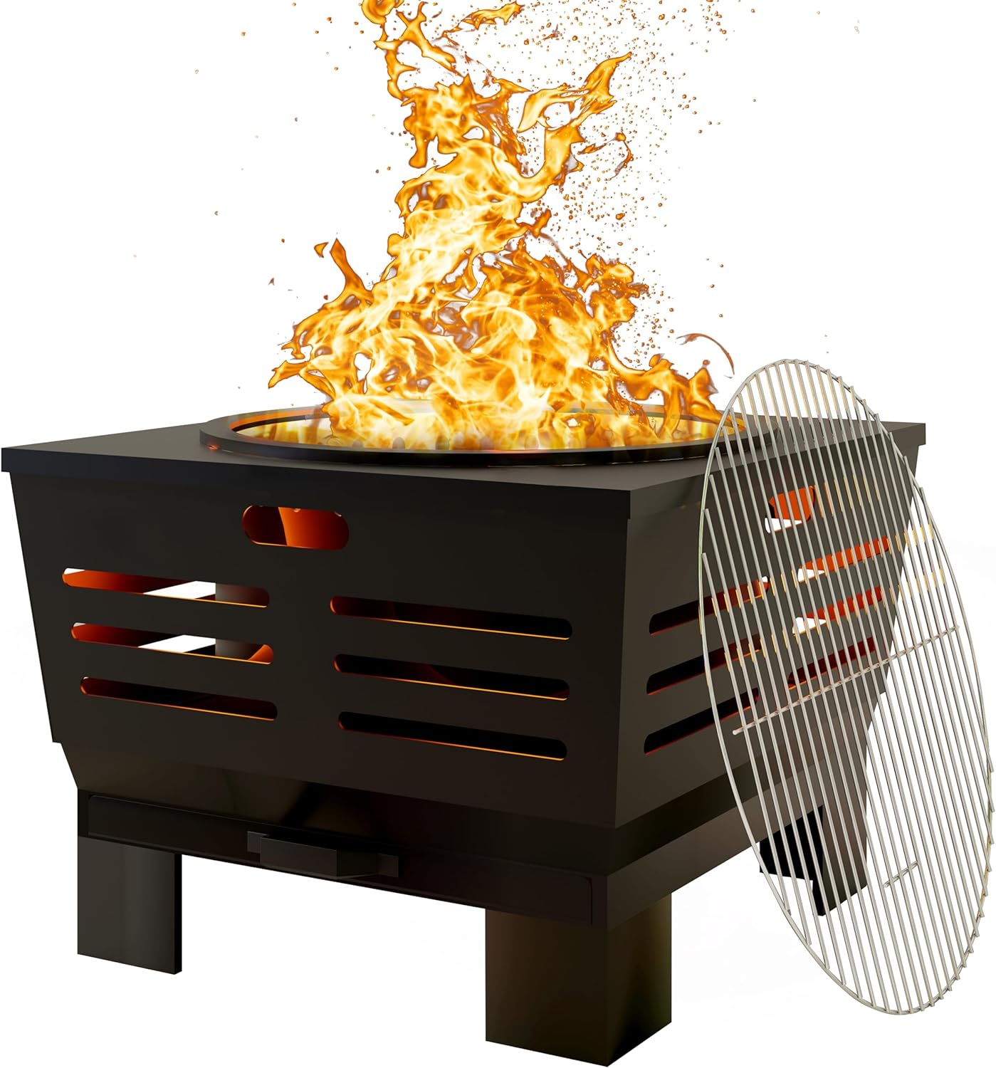 Fire Beauty Fire Pit with Stand,Smokeless Wood Burning Firepit with Ash Pan,Portable Outdoor Firepit with Cooking Grate & Poker For Camping,Backyard|L:23''xW:23''xH:17'',28.6lbs