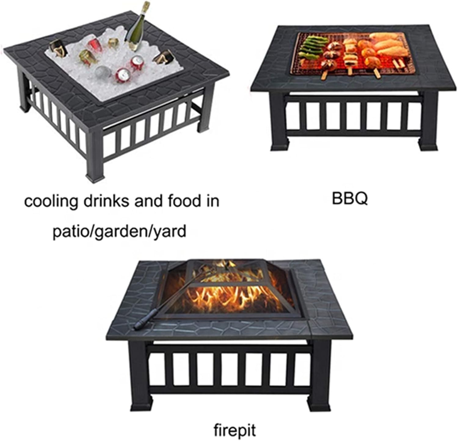 Outdoor Fire Pit Table, 3 in 1 Square Firepit for Barbecue, Patio Heater, Ice Pit, Metal Brazier Bonfire Firepit,Spark Cover Screen & Poker & BBQ Grill Grate