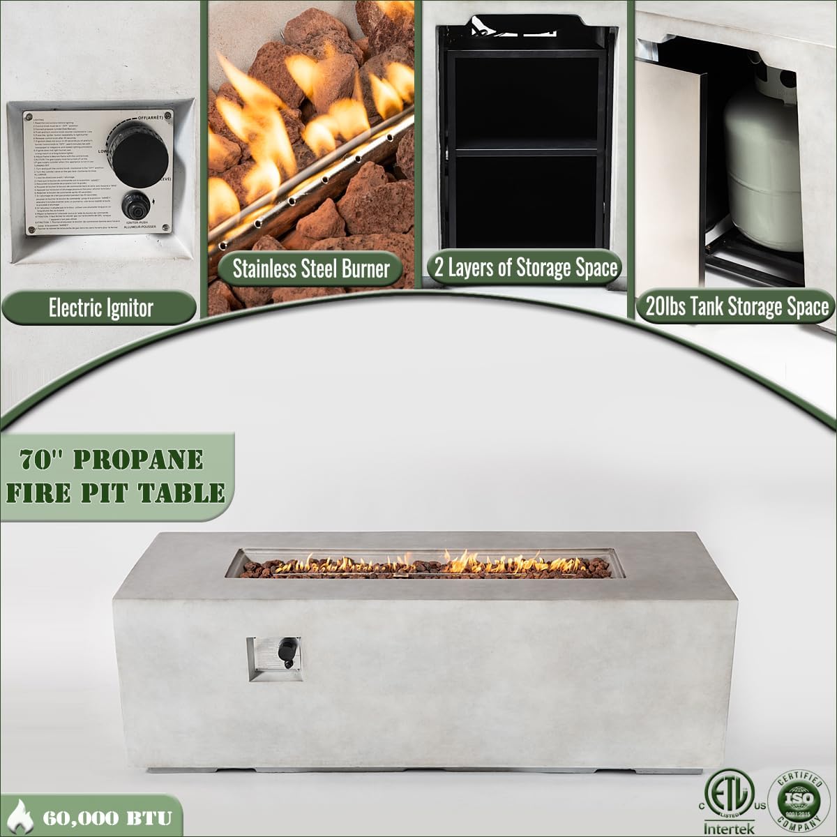 70 Inch Propane Fire Pit Table, Concrete Firepits for Outside, Rectangular Gas Fire Pit for Outside Patio, Backyard, Pool, 60,000 BTU, Free Lava Rocks, Light Gray