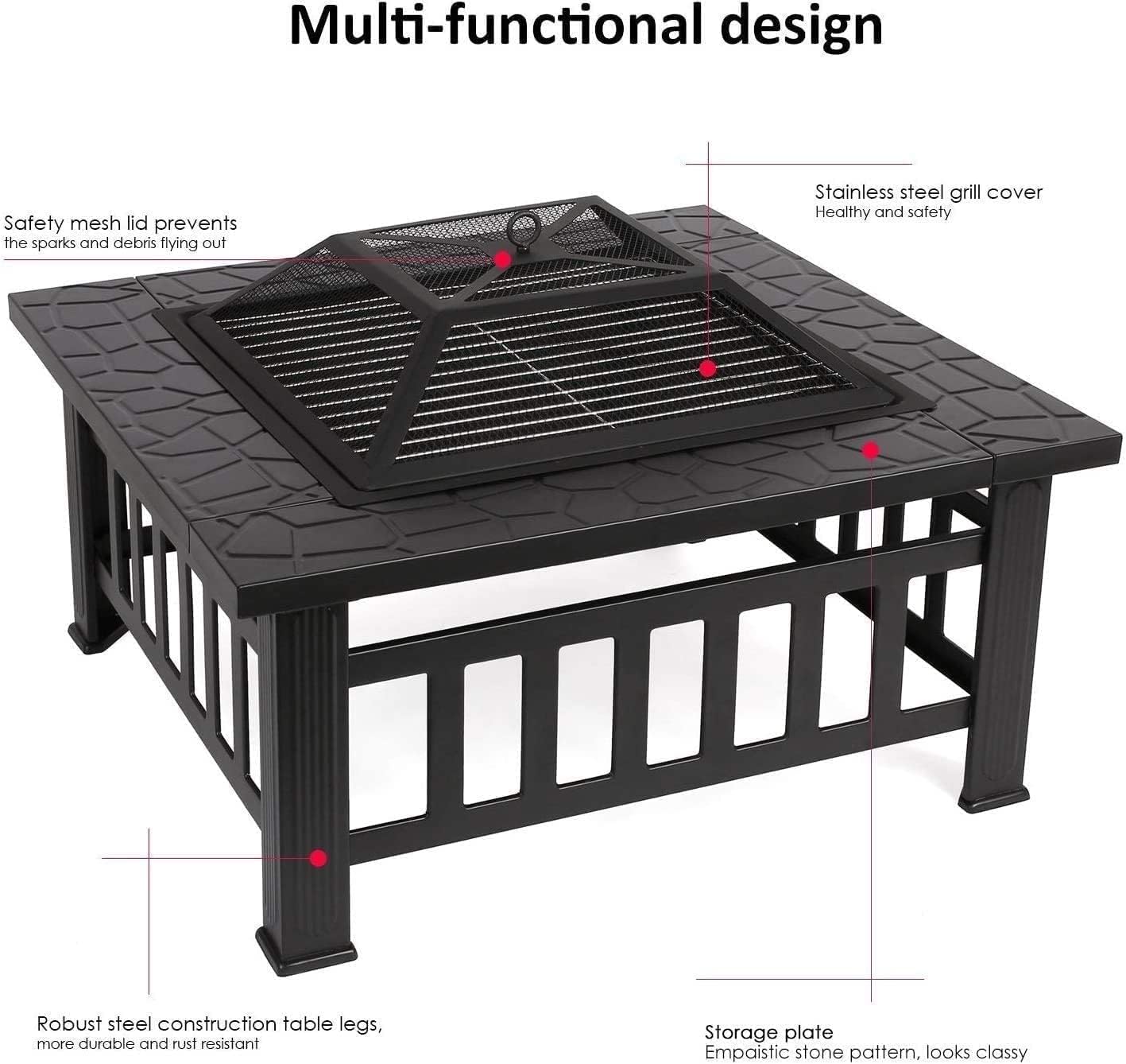 Fire Pit, Outdoor Brazier, Metal Square Patio Firepit Table BBQ Garden Stove with Spark Screen Cover Log Grate and Poker, Suitable for Outside Wood Burning and Drink Cooling