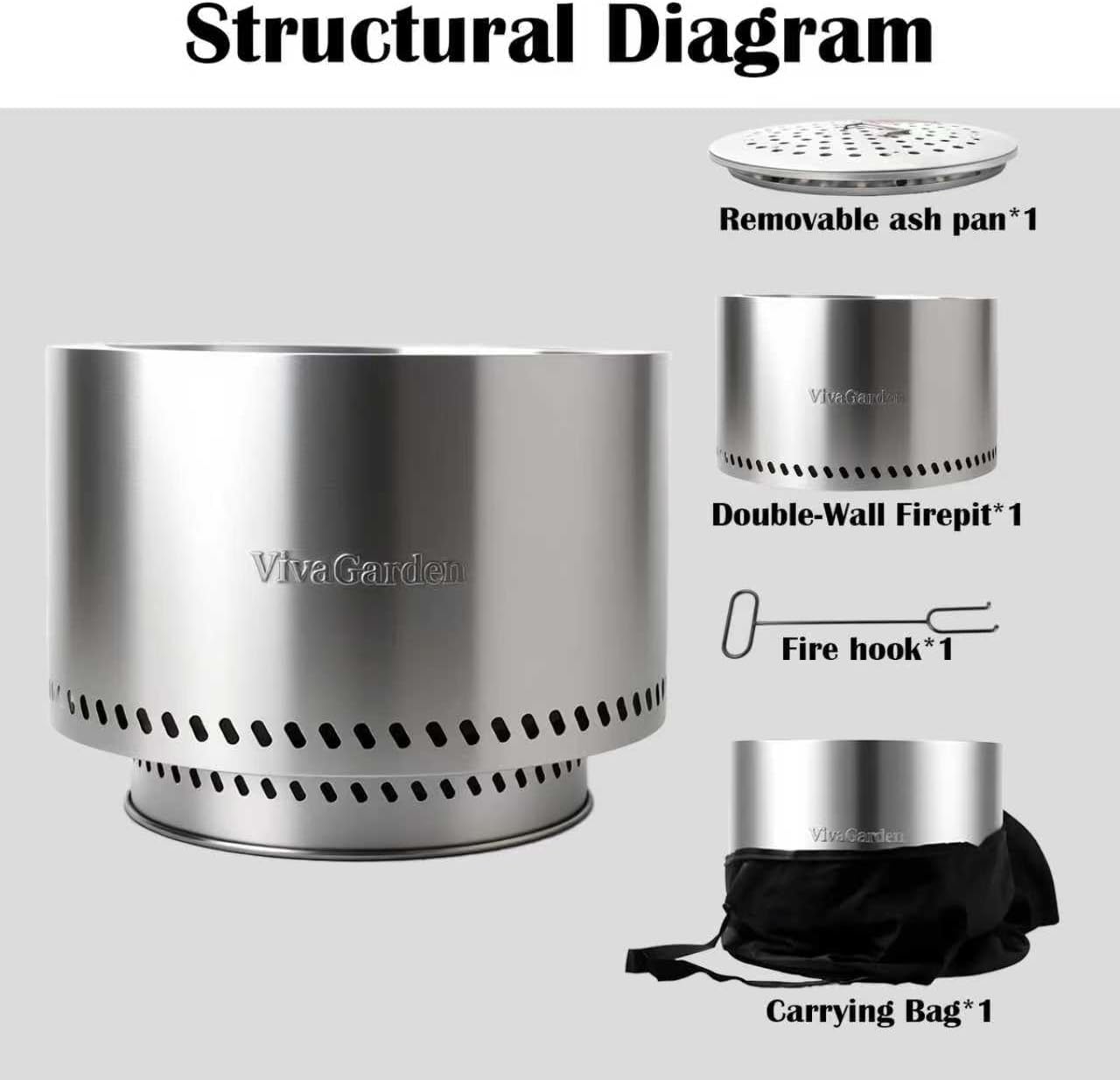 19.5 Inch Smokeless Fire Pit, VivaGarden Outdoor Wood Burning Fire Pit with Carry Bag, Stainless Steel Firepit for Camping, Backyard, Patio, Bonfire & Garden Gatherings (Silver)