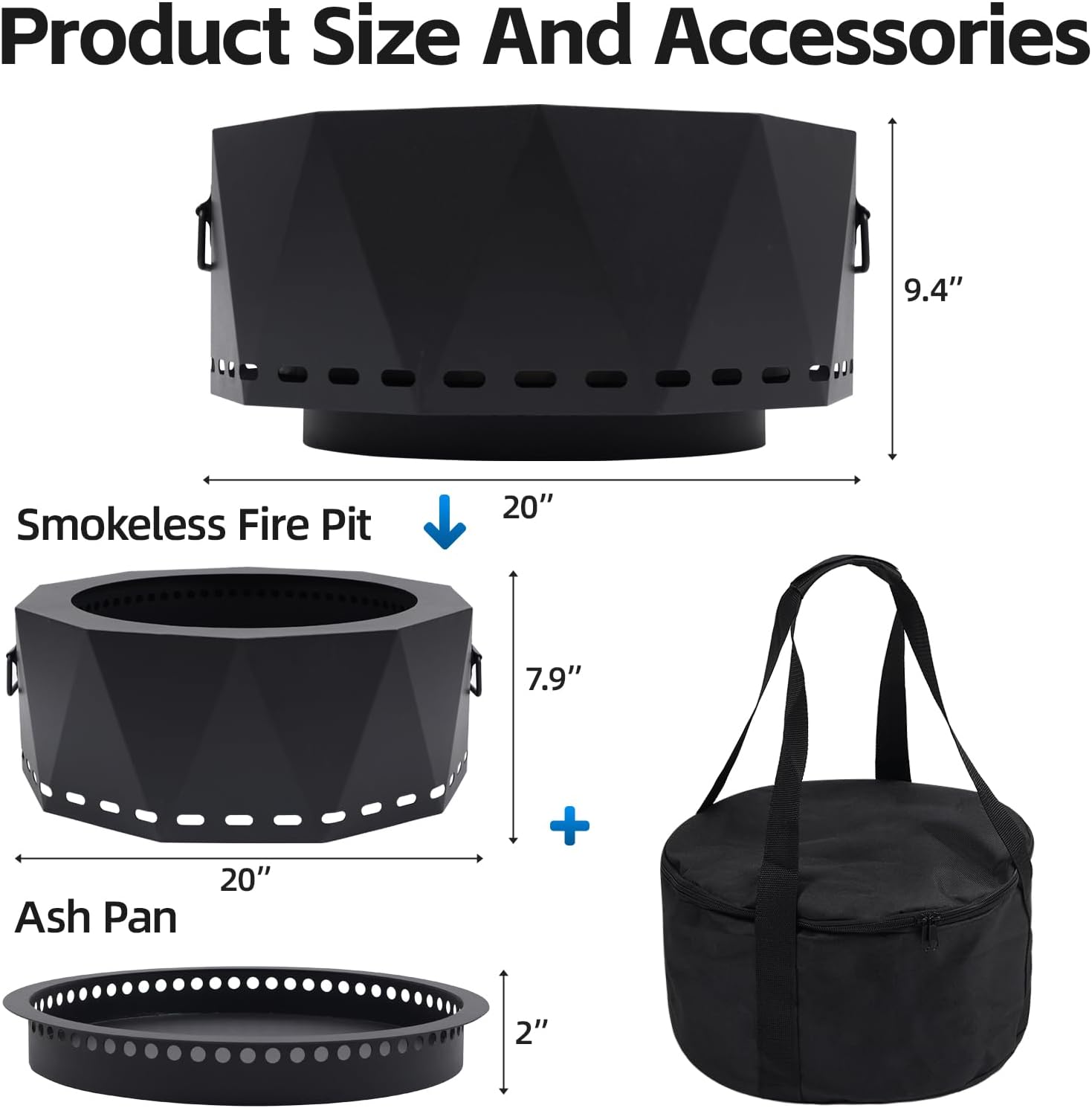 Smokeless Fire Pit Outdoor- 20 Inch Low Smoke Metal Fire Pits & Fireplaces for Outside with Carry Bag, Smokeless Wood Stove for Camping, Patio, Backyard, Garden, Picnic-L