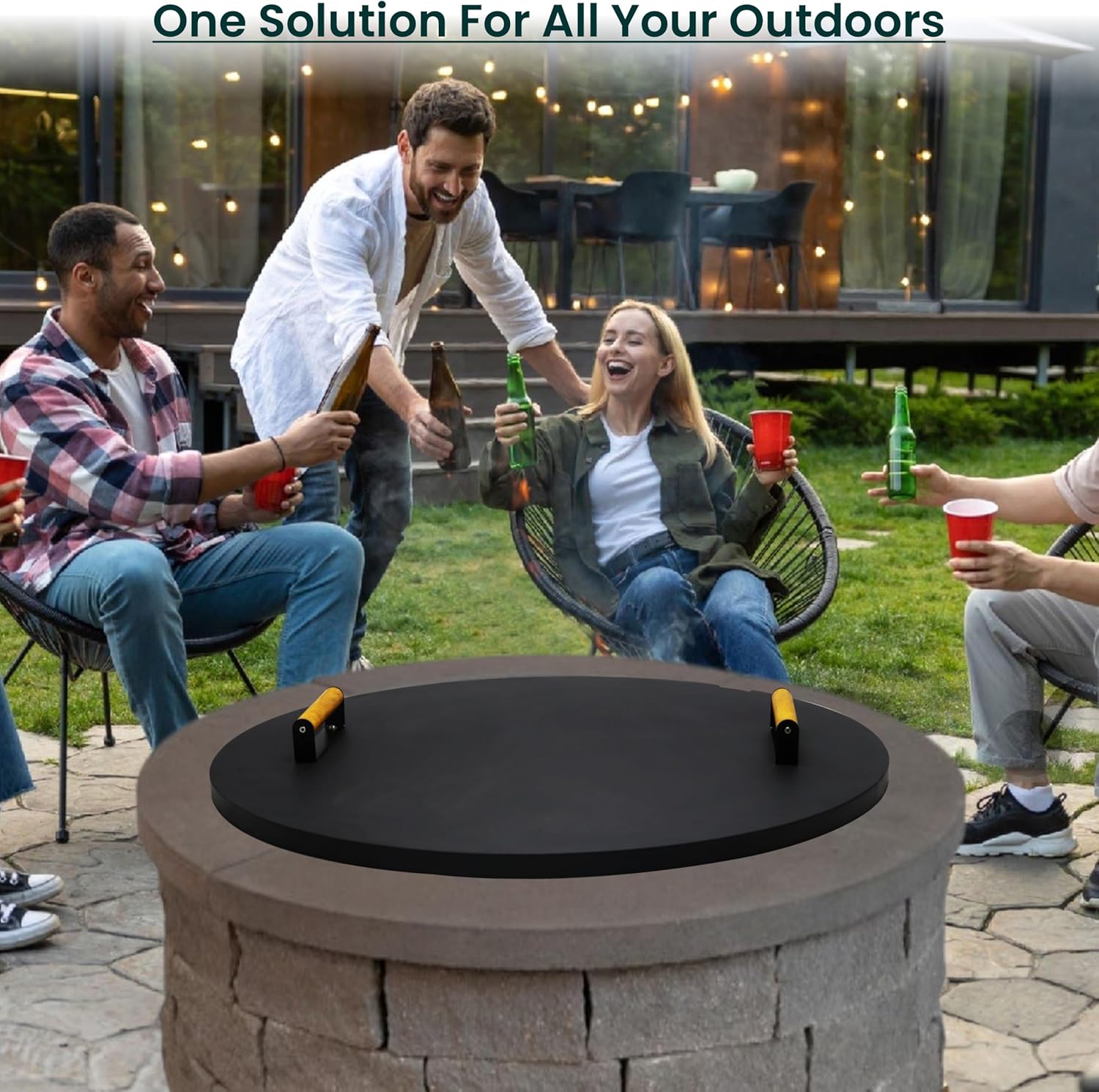 30” firepit lid round for inside up to 28” gas fire pit lid for Outdoor Fireplace Cover Lid Steel fire pit metal cover W/ 2 Wooden Handles & Heat Resistant Snuffer Lid for Round Patio Fire Pit Ring
