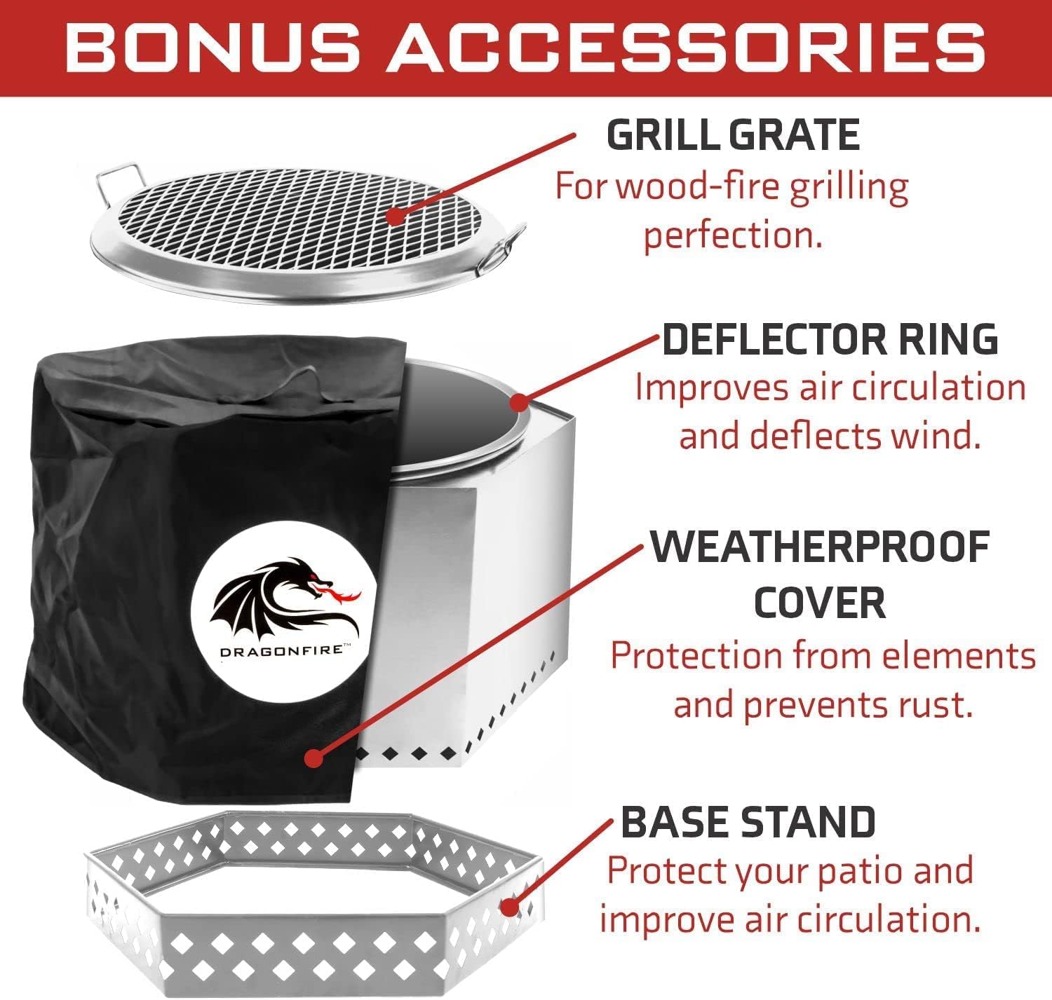 Dragonfire Smokeless Firepit, Accessories Included: Grill Grate, Base Stand, and Weatherproof Cover. Wood Pellet/Log Burning Large Outdoor Fire Pit. Stainless Steel, 23.5 Inch Backyard Patio Size.