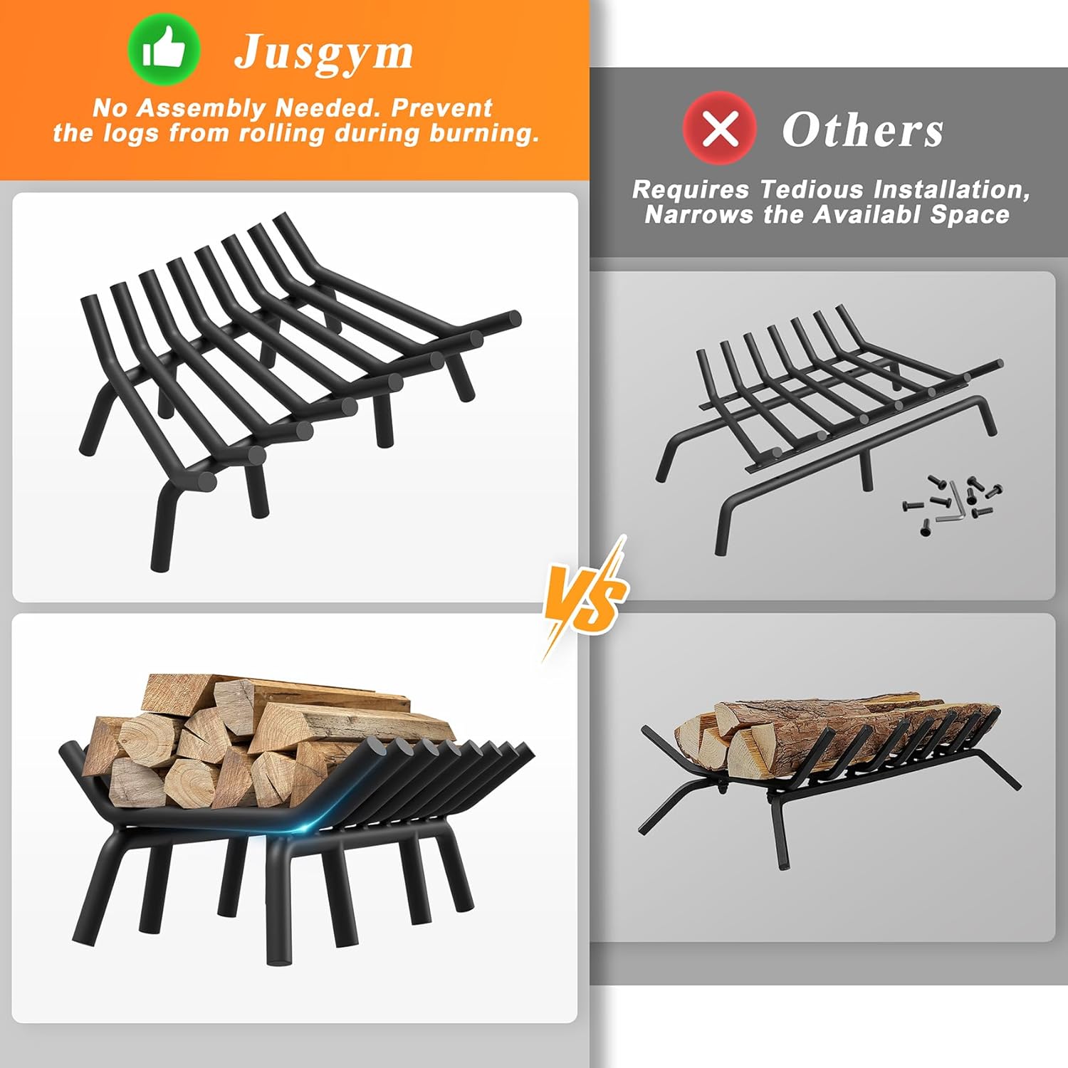 Fireplace Grate 24 Inch with 8 Support Legs, Round Solid Steel Heavy Duty Fireplace Log Holder with Fire Tongs & Poker, Fireplace Log Grate for Indoor Fireplace and Outdoor In-ground Firepit