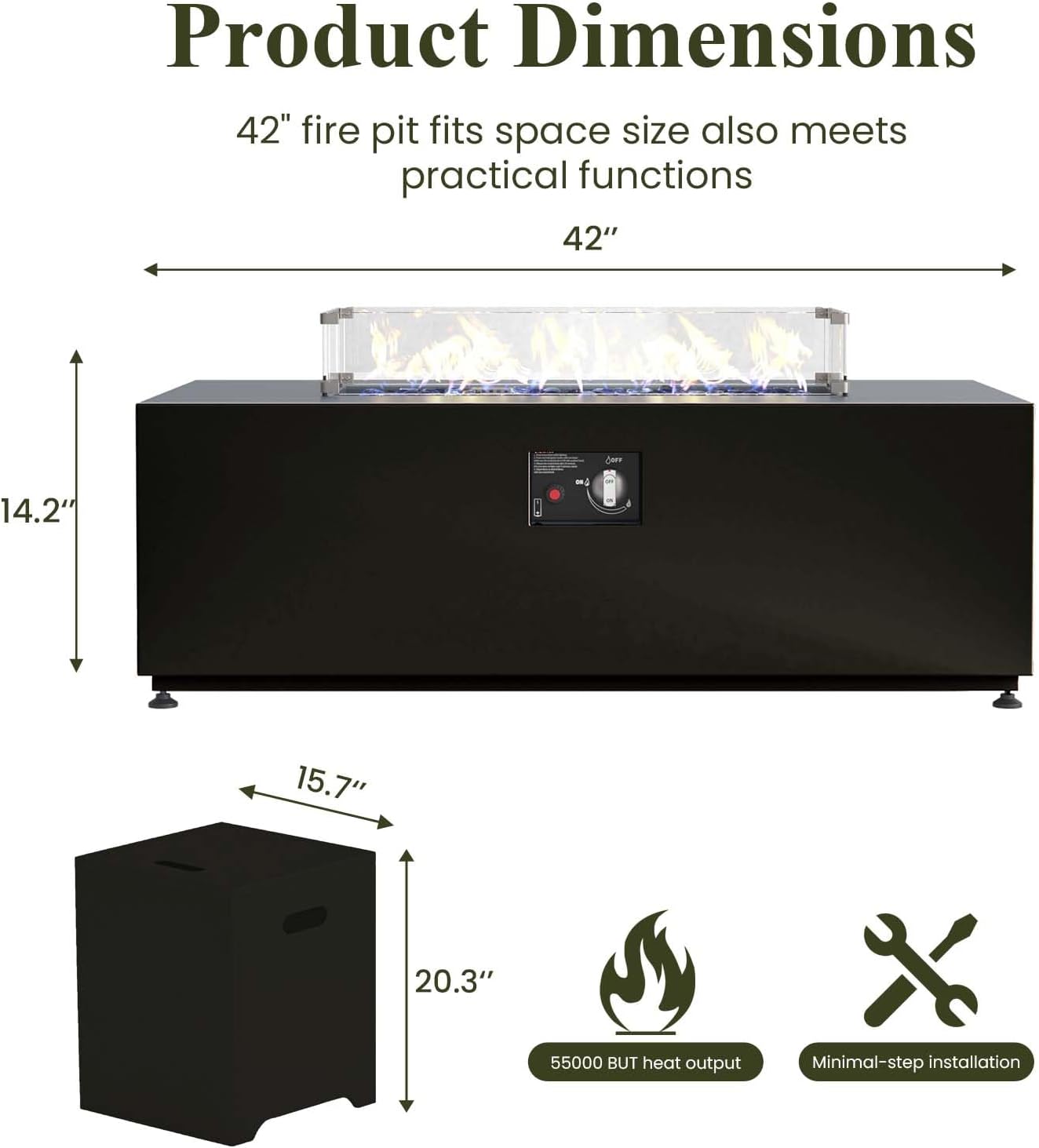 LayinSun 42 Inch Outdoor Fire Pit Table for Outside Patio, 55000BTU Rectangle Propane Firepit with Hidden Fuel Tank, Glass Wind Guard, Waterproof Cover and Lid