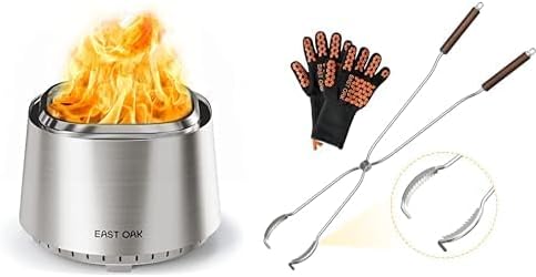 EAST OAK Fire Pit Smokeless 21'' Firepits for Outside Patio, 304 Stainless Steel + EAST OAK 2 in 1 Fire Pit Tongs and Hook 36'' Poker, Firepit Tools for Wood Fireplaces, 304 Stainless Steel