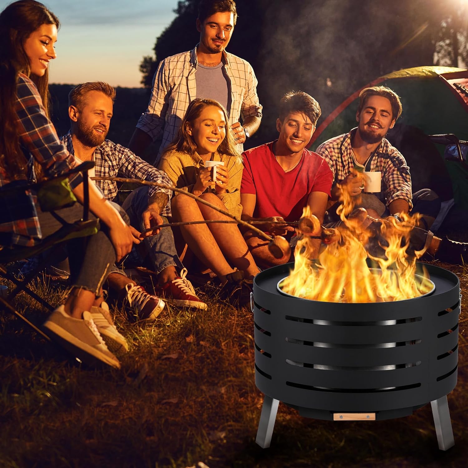30 inch Smokeless Fire Pit Outdoor - Outside Wood Burning with 360° Airflow, Removable Ash Pan & Bamboo Lid Rainproof Cloth - Low Smoke Backyard Fire Pit for Patio, Camping, Bonfire