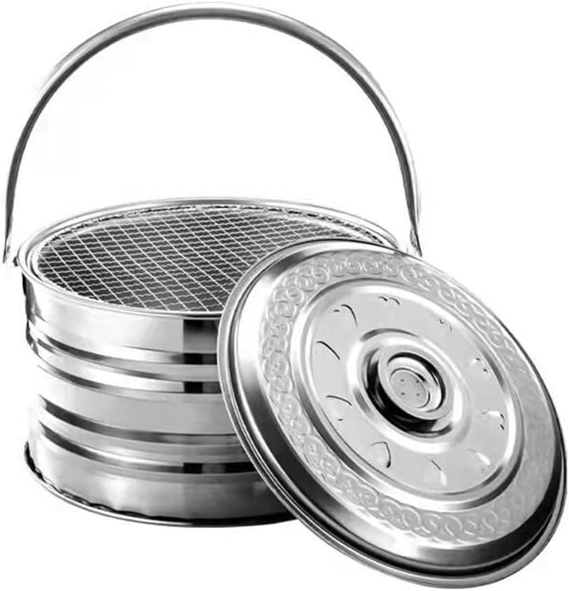 Outdoor Fire Pit Brazier with BBQ Grill Arc Handle Design Pattern Ventilation Buckle Adjustable Firepower Thickened Liner Removable Cooking Grill for Barbecue Heating