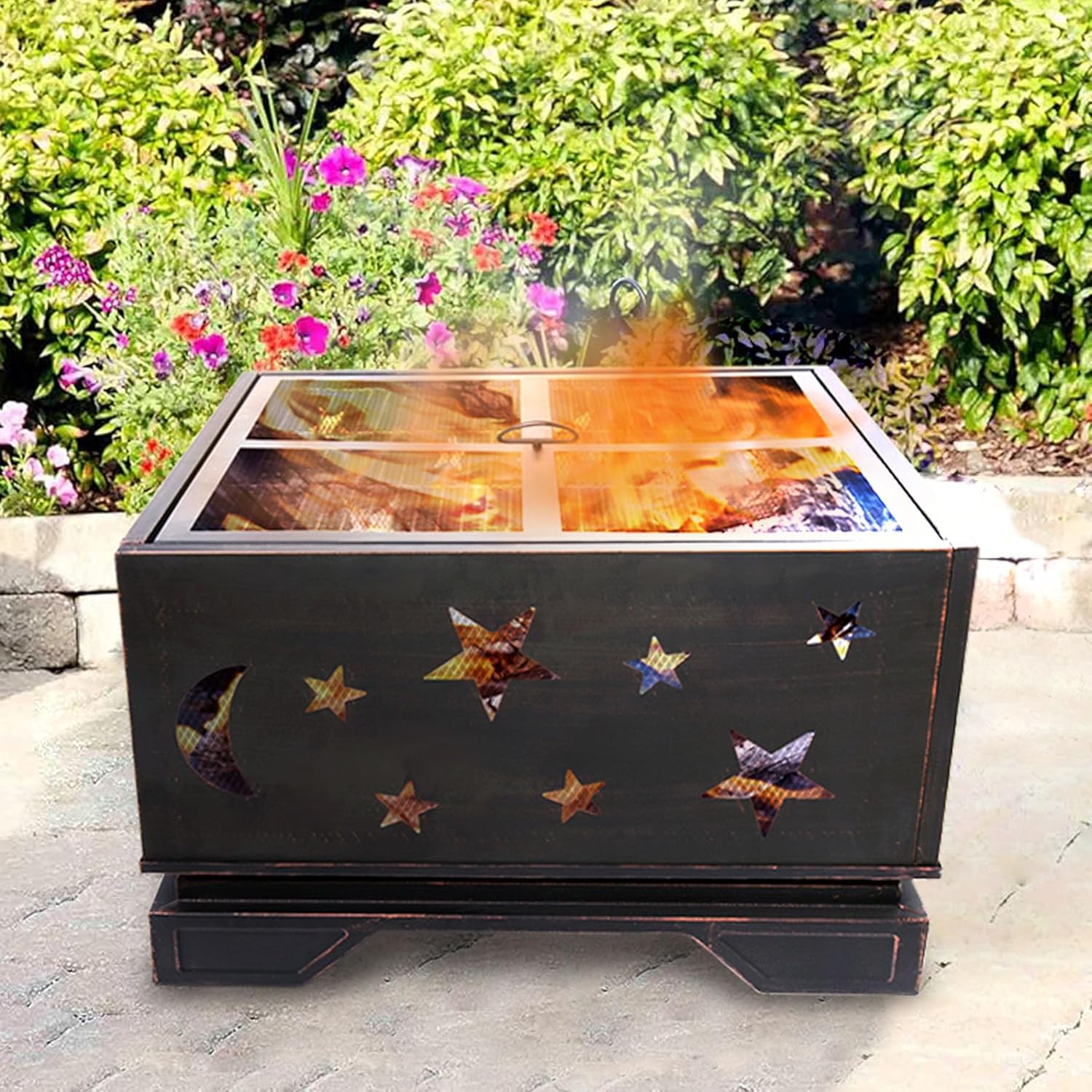 26 Inch Wood Fire Pits & Outdoor Fireplaces with Poker, Patio Fire Pit with Grill, Square Firepits for Outside, Backyard, Camping, BBQ,Steel, Heavy Duty