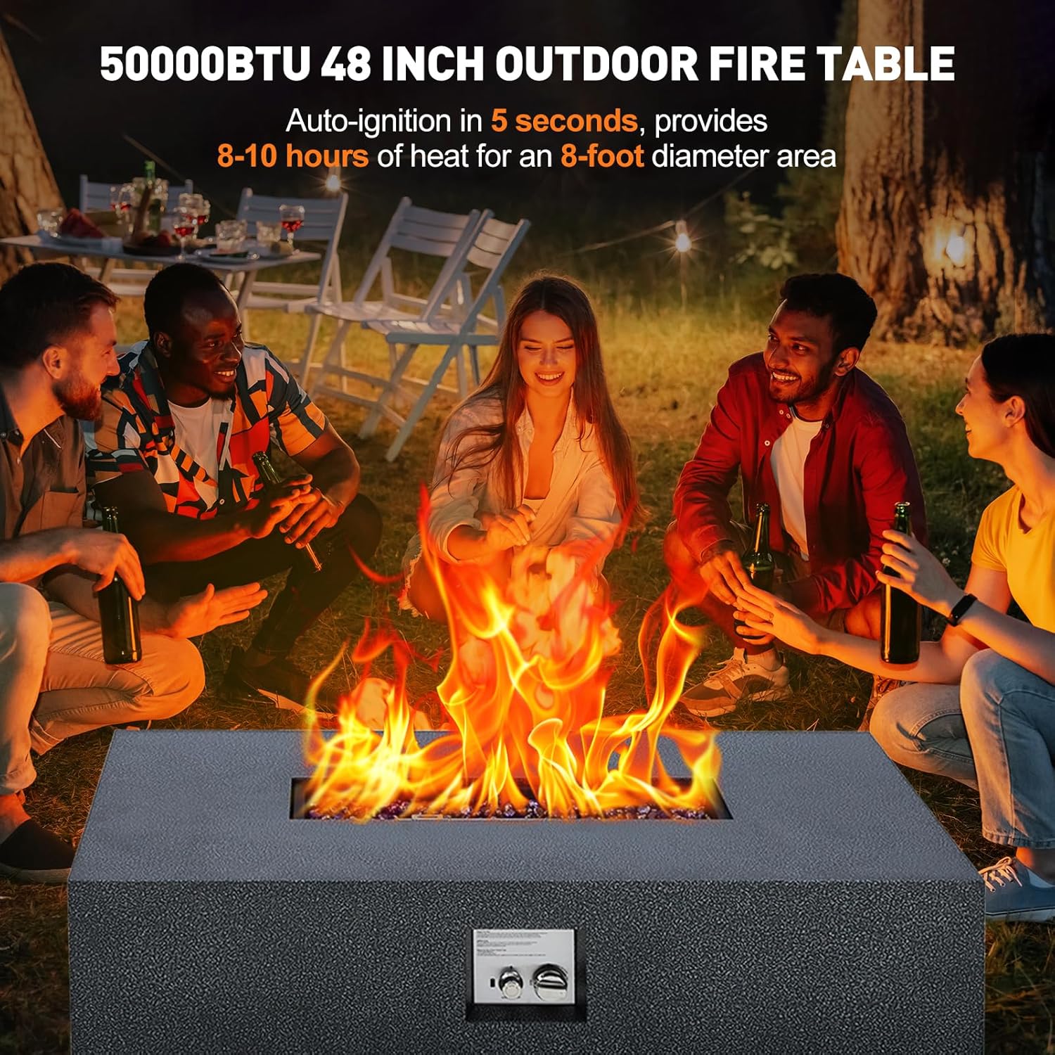 48 inch Propane Fire Pit Table, 50,000 BTU Outdoor Patio Heater with 16 in Side Table, Blue Fire Glass, Wind Guard & Rain Cover, Steel Firepit for Deck, Garden, Backyard, Brown