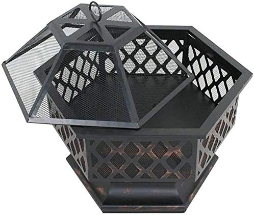 Fire Pits Outdoor Wood Burning Fire Pits Portable Metal Fire Pit Hexagon Design Fireplace Stove, with Mesh Screen Cover Fireplace Stove Wood Burning with Cover BBQ Cooking for Outside Camping Backyar