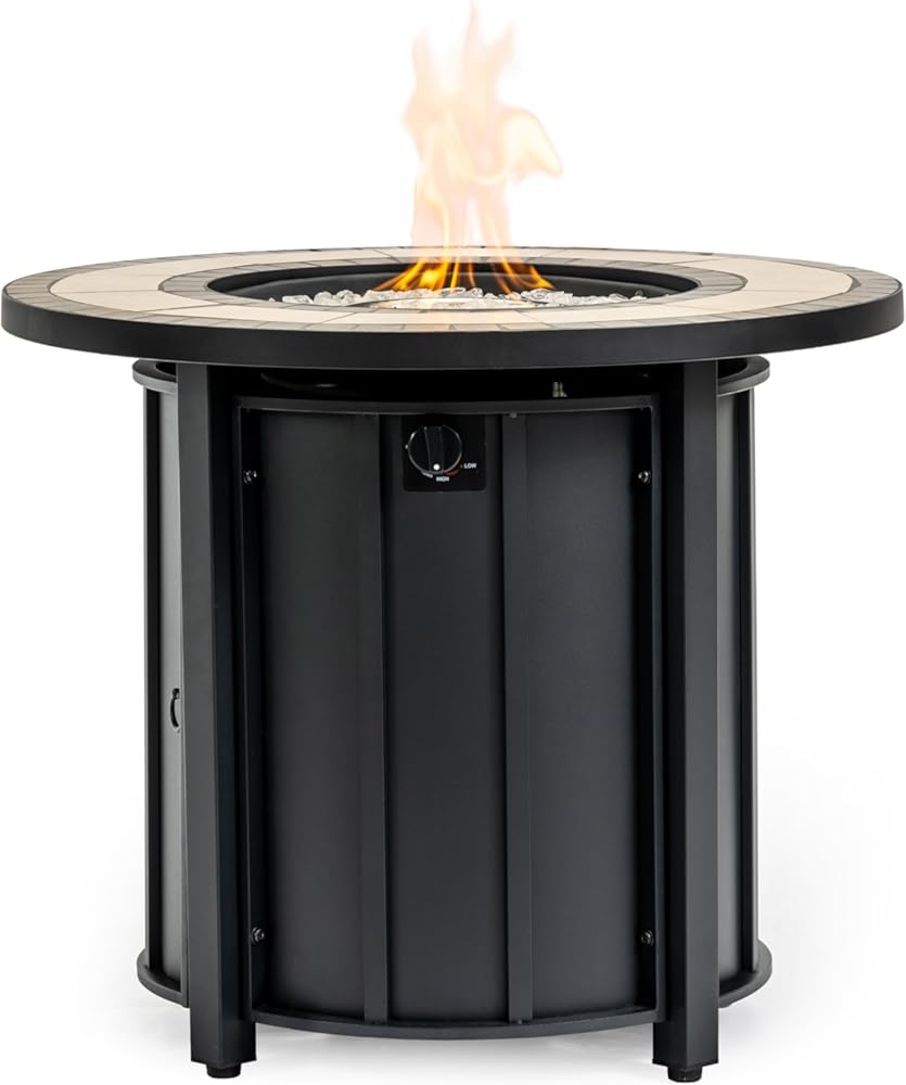 30'' Ceramic Round Propane Fire Pit Table, 50,000 BTU Steel Gas FirePit for Outdoor, Fire Table with Lid, Add Warmth & Ambience to Gatherings and Parties On Patio Deck Garden Backyard, Black.