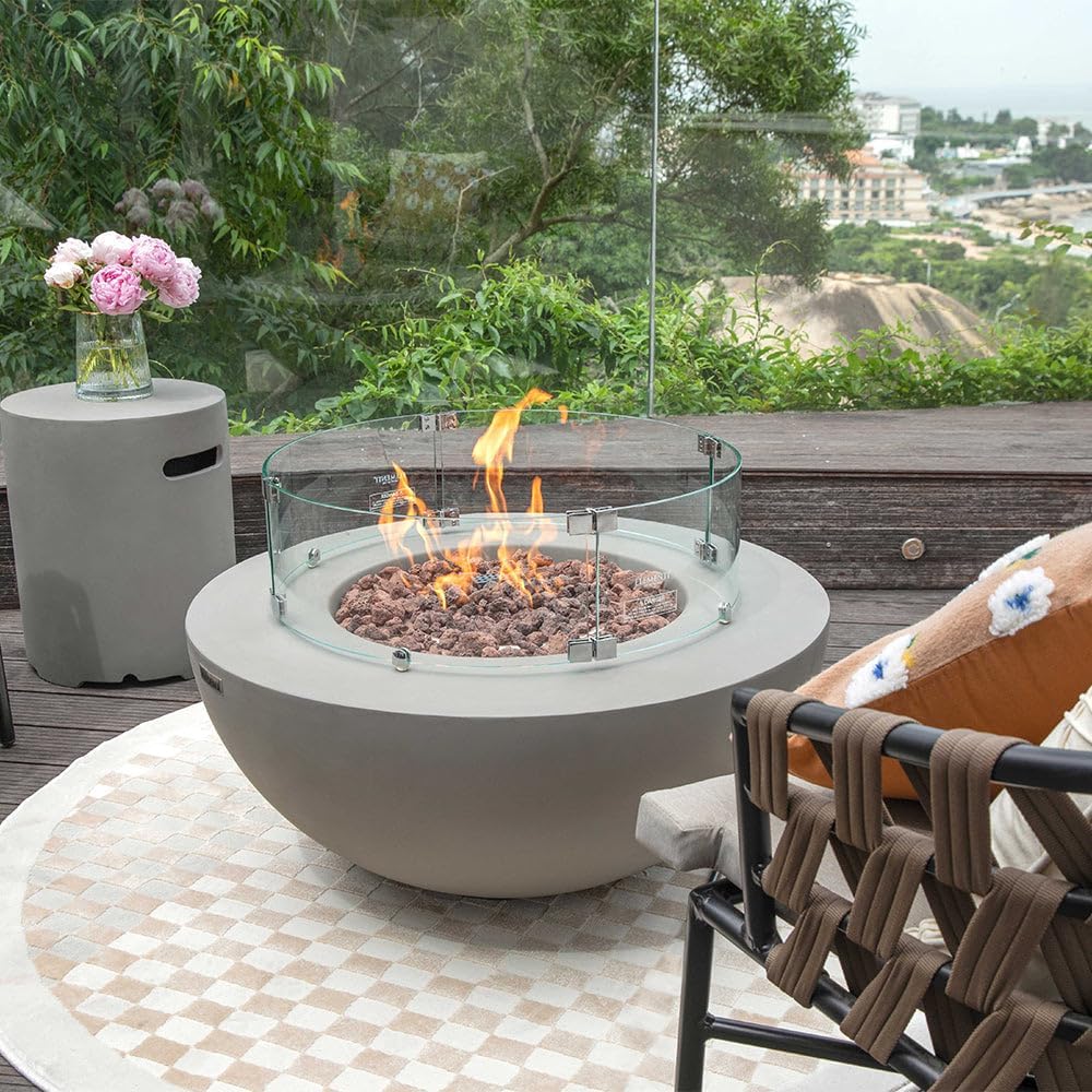 Modeno ROCA Outdoor Gas Firepit Table 34 Inches Fire Pit Patio Heater Concrete Outside Electronic Ignition Backyard Fireplace Cover Lava Rock Included Natural Gas