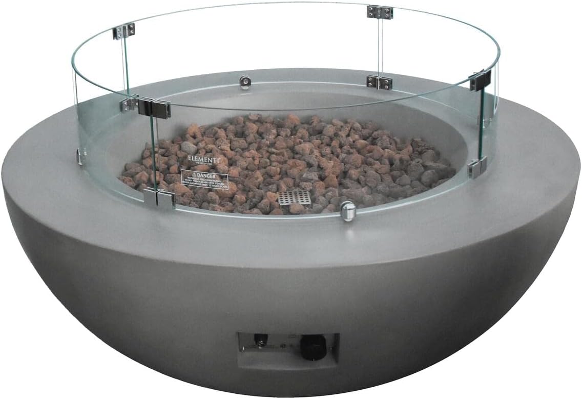 Elementi Lunar Bowl Fire Pit Bundle Outdoor Firepit Set Includes 42” Propane Concrete Firepit, Glass Windscreen, Stainless Steel Cover, Tank and Canvas Cover, Floor Mat, Ice Bucket