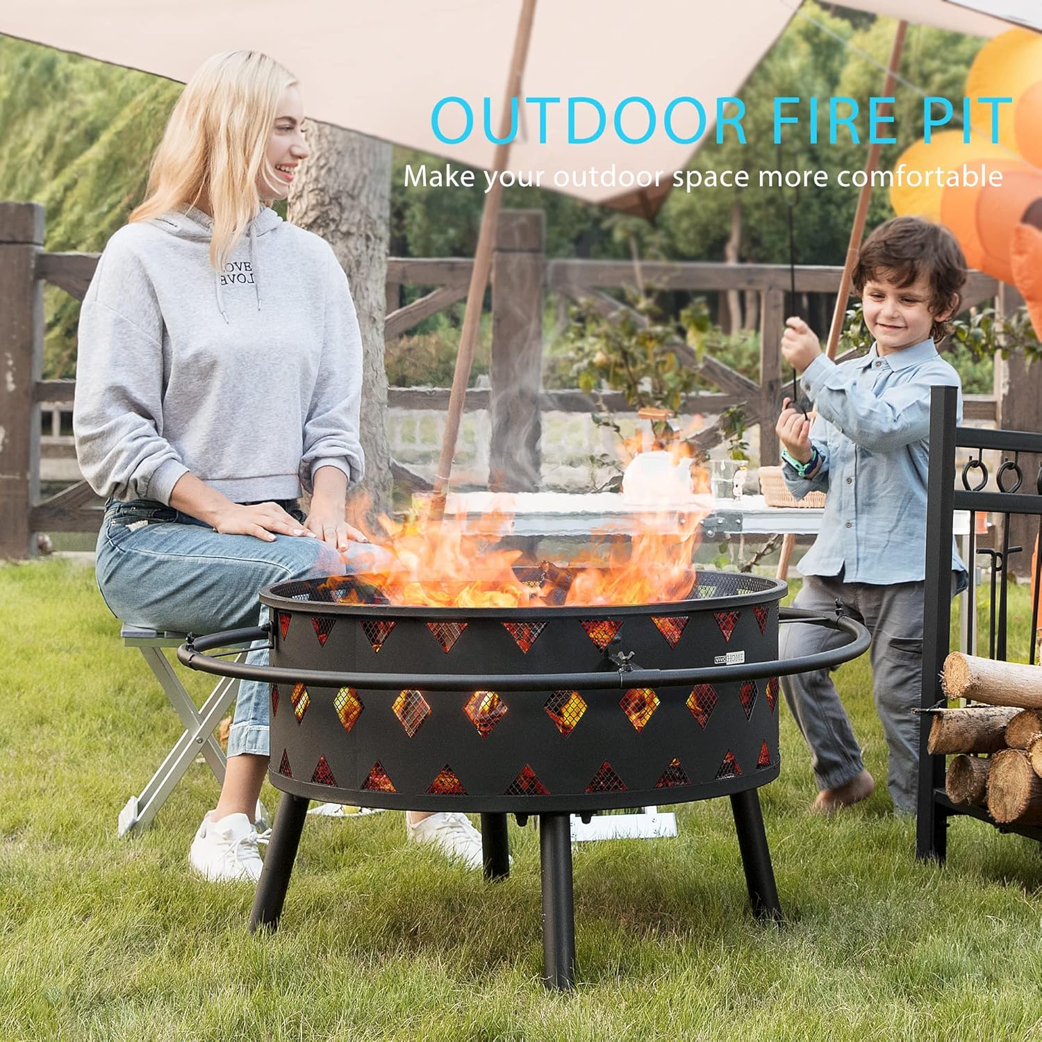 VIVOHOME 2 in 1 Outdoor Fire Pit - 36 Inch Large Bonfire Wood Burning Outside Firepit for Patio and Backyard with Spark Screen, Round Grill Grid, Poker and Fireplace Cover