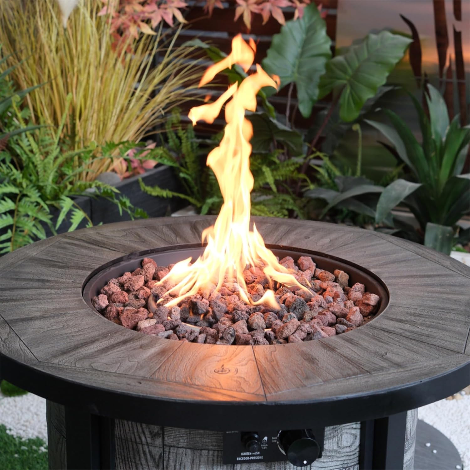 Outdoor Propane Fire Pit Table 50,000 BTU, 36-Inch Square Stonecrest Gas Fire Pit for Patio,Concrete Propane Fire Table with Lava Rocks,Waterproof Cover, Acacia Wood Look,Magnesium Oxide Construction