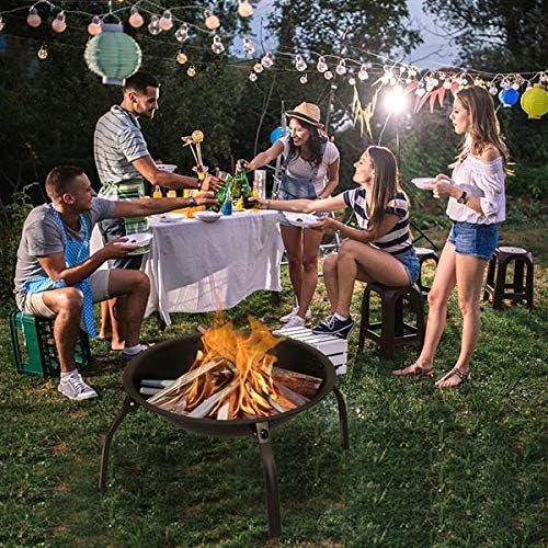22-inch Folding Steel Fire Pit, Wood Burning Portable Outdoor Camping BBQ Grill Fire Bowl w/Screen Cover, Log Grate, Poker