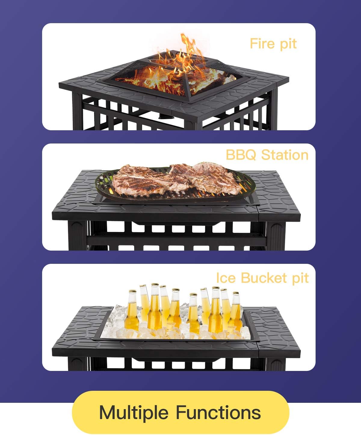 Outdoor Fire Pit 32 inch Square Metal Firepit for Patio Wood Burning Fireplace Garden Stove with Poker & Mesh Cover,Charcoal Rack for Camping Picnic Bonfire Backyard