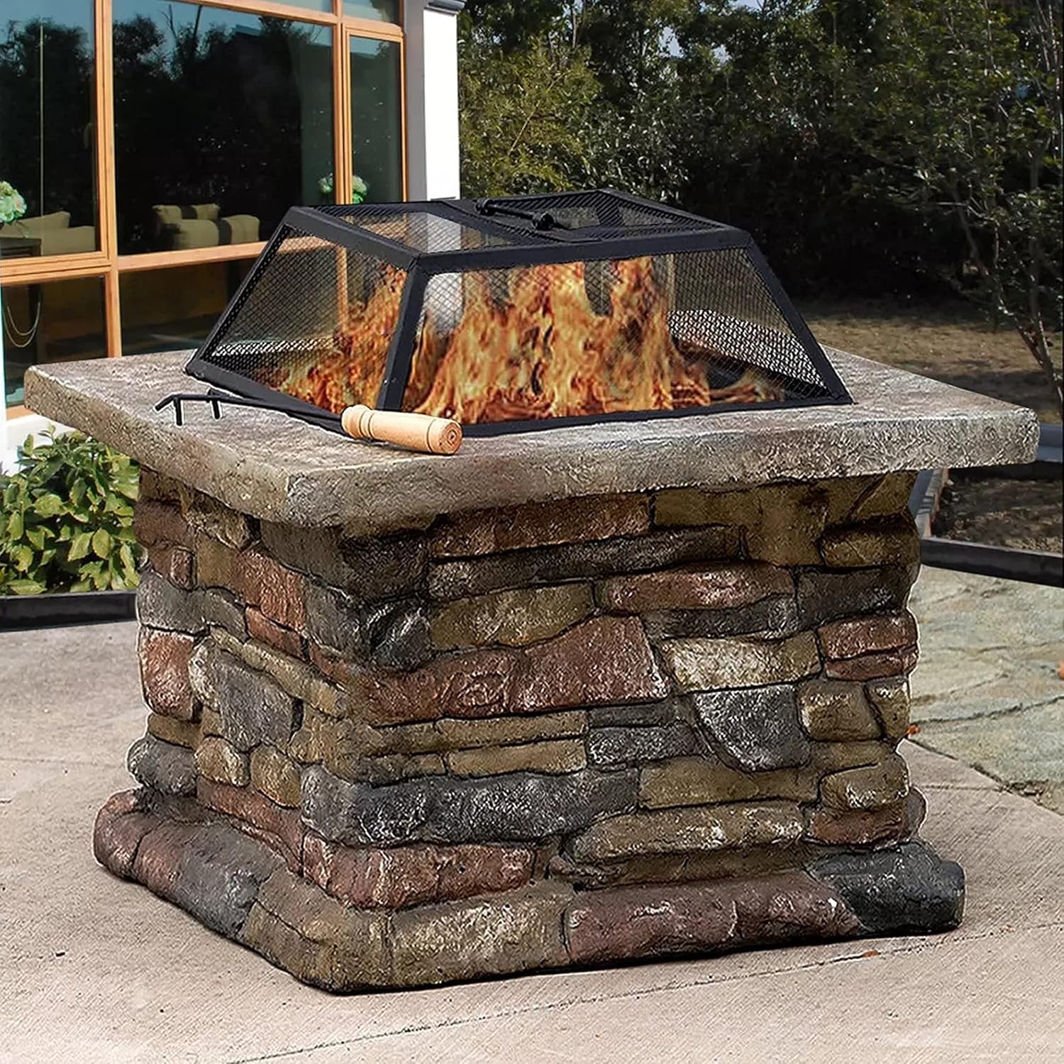 Wood Burning Fire Pit, Outdoor Fire Pits Table, w/Spark Screen Cooking Grate Poker, Patio Bonfire BBQ Grill Firepit Bowl
