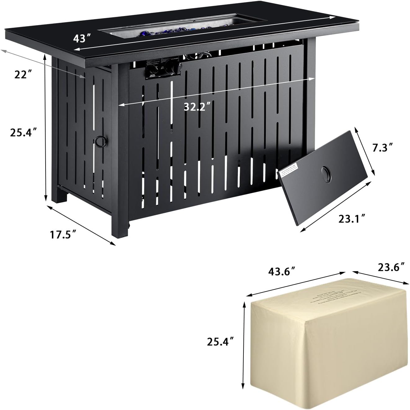 Flamaker Gas Fire Pit Table 43 inch 50000 BTU Outdoors Gas Propane Firepits with Tempered Glass Desktop, Lid & Lava Rock and Waterproof Cover for Deck, Backyard, Patio
