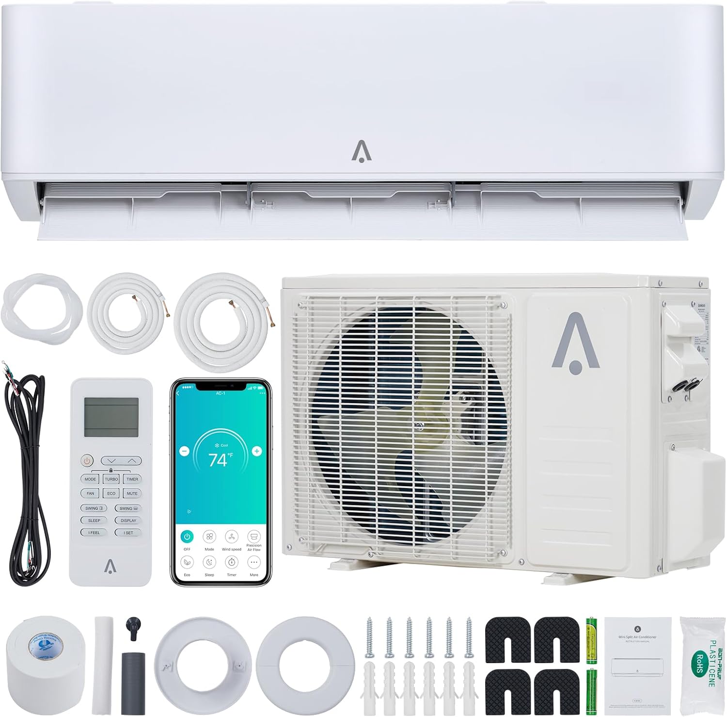 18,000 BTU Mini Split Air Conditioner, 23 SEER2 Wi-Fi Mini Split AC/Heating System, Inverter Ductless Air Conditioner w/Pre-Charged & Installation Kits, Cools Room up to 750 Sq. Ft, 208/230V, White