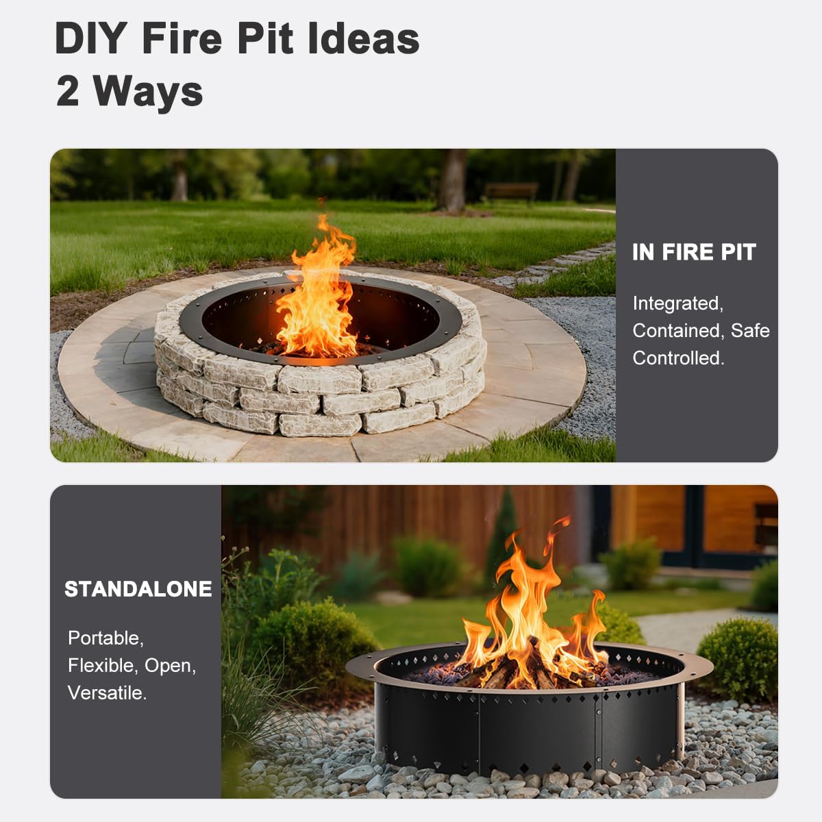 FANHAO Outdoor Fire Pit Ring, 36-Inch Outer/30-Inch Inner Fire Ring Smokeless, Wood Burning Fire Pit Ring Duty Solid Metal Steel Liner DIY Campfire Ring Above or In-Ground, Camping Patio Backyard