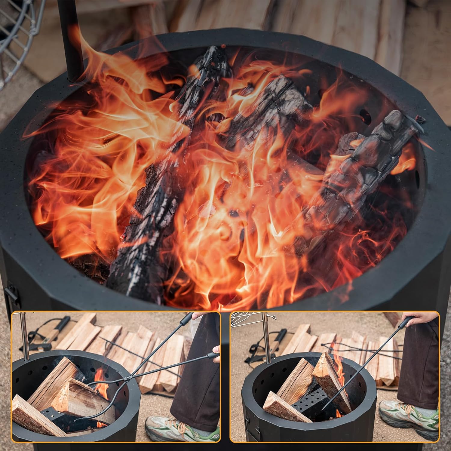 CHANGE MOORE Smokeless Fire Pit for BBQ, 19.6” Triple Burn Outdoor Firepit with Removable Ash Pan BBQ Grill Cover Fire Poker Set Side Handles, Fireplace Bonfire for Outside Backyard Garden Patio