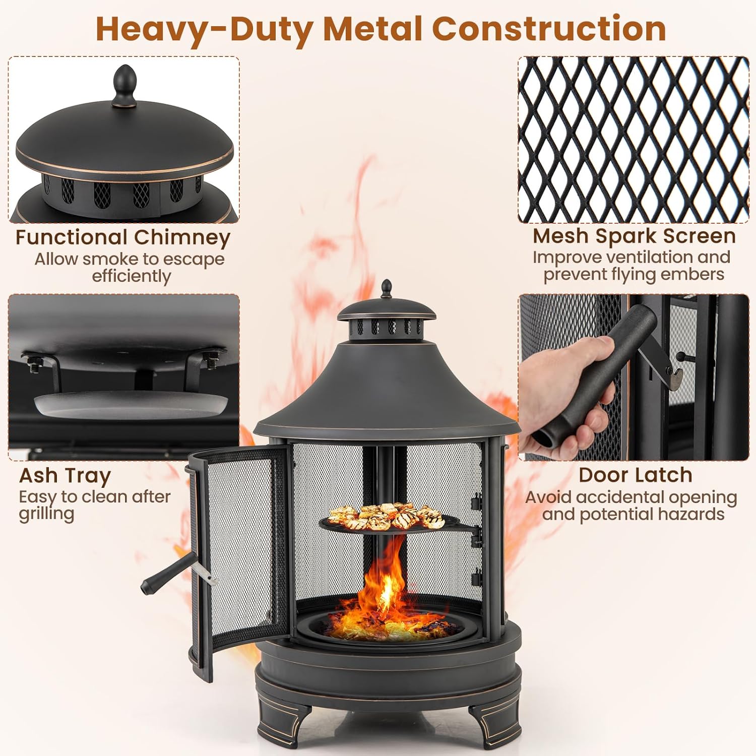 Giantex 2 in 1 Outdoor Fire Pit with Grill, 30 Inch Metal Chiminea, Wood Burning Fireplace with Chimney, Spark Screen Door & Fire Poker, Patio Firepit for Garden, Backyard, BBQ