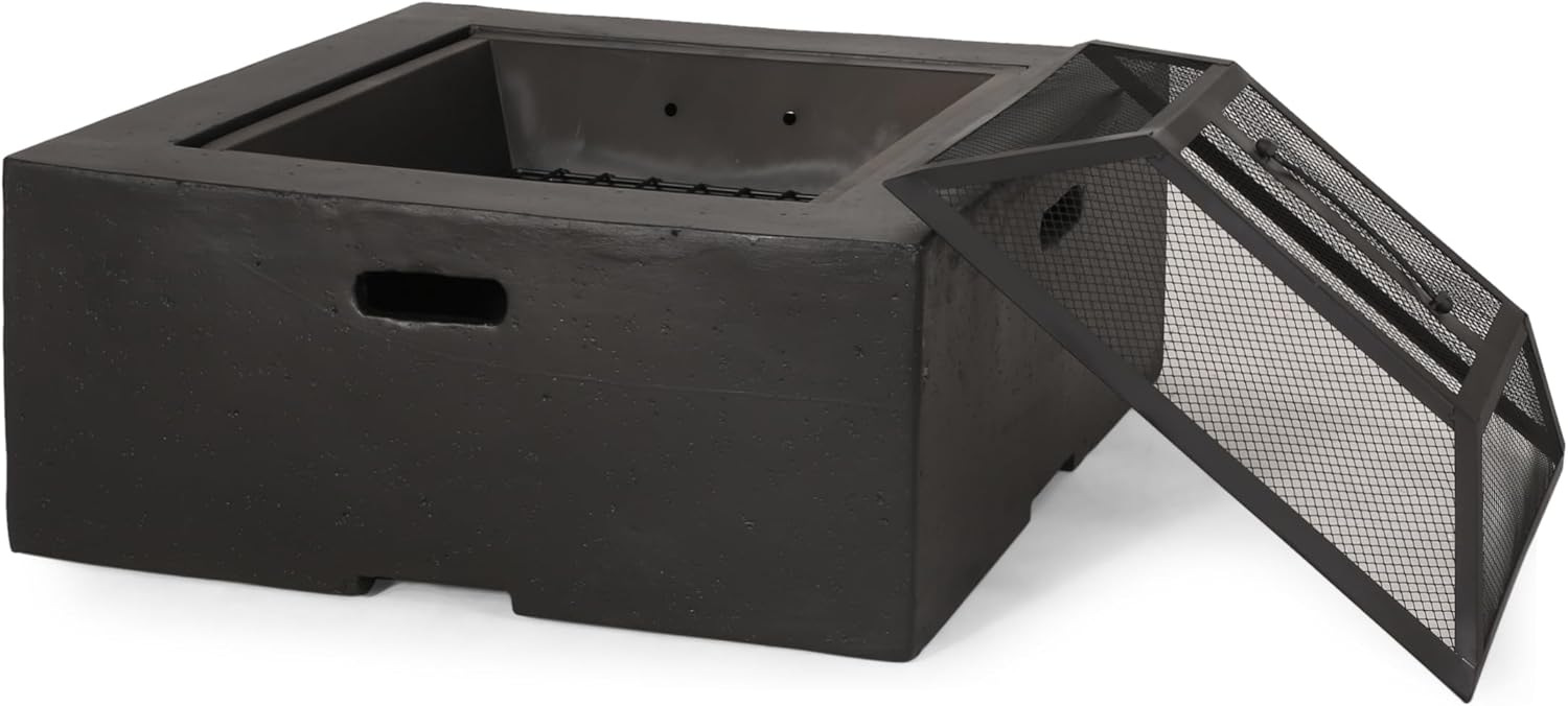 Christopher Knight Home Berwick Outdoor Lightweight Concrete Wood Burning Square Fire Pit, Dark Gray