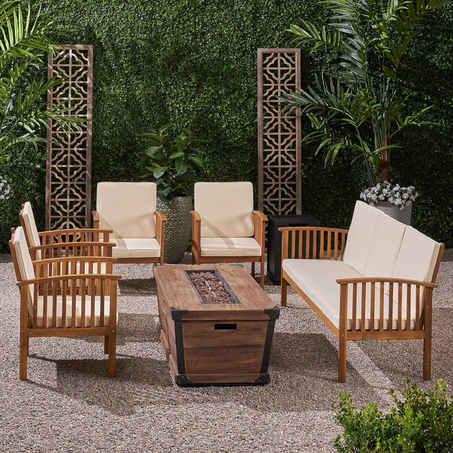 GDFStudio Marjory Outdoor 5 Piece Acacia Wood Conversational Set with Cushions and Fire Pit, Teak with Cream and Brown