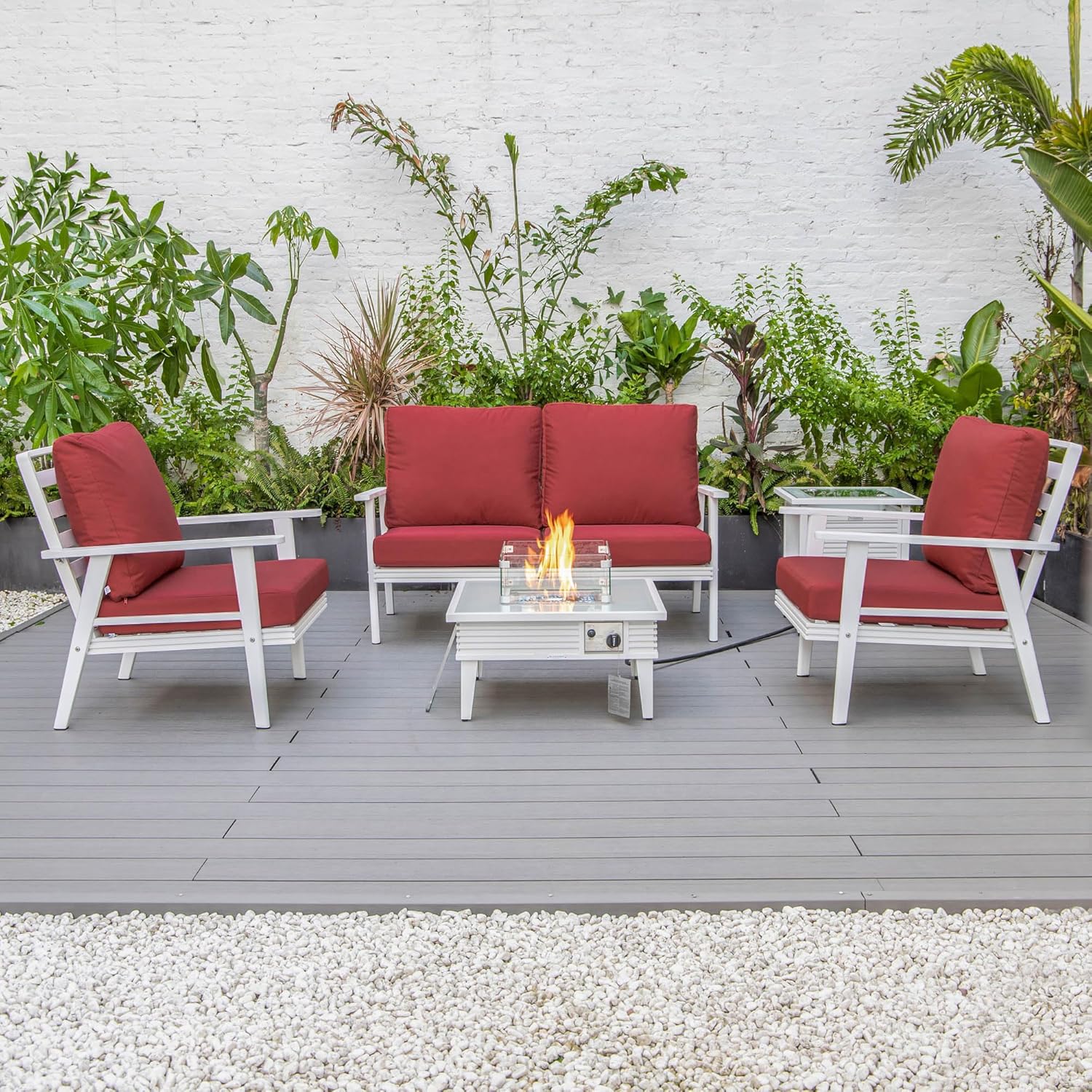 LeisureMod Walbrooke Modern Aluminum 5-Piece Patio Conversation Set with Outdoor Square Fire Pit Slats Design & Side Table Tank Holder, Red