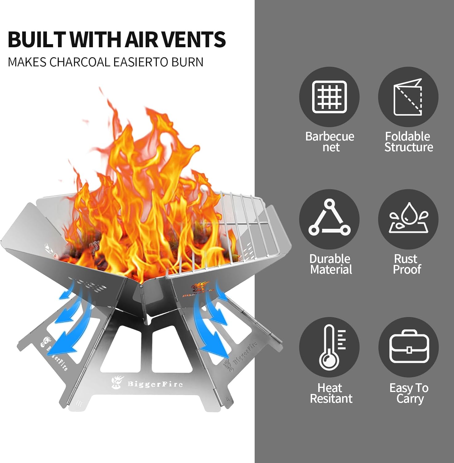 Foldable Portable Fire Pit,Stainless Steel Fire Pits with Charcoal Grill Net and Storage Bag,Camping Fire Pit Grill for Patio Outdoor Barbecue Campfire Bonfire (Medium)