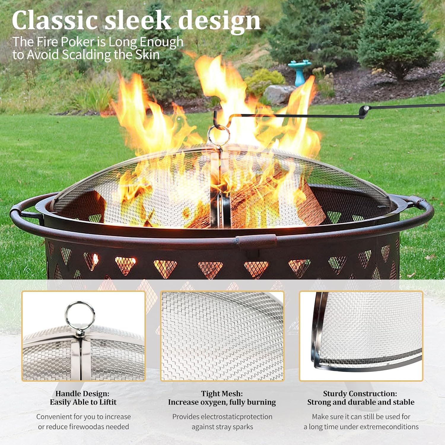 Fire Pit Spark Screen Compatible with Solo Stove Yukon, 27 inch Stainless Steel Mesh Fire Pit Screen Shield for Solo Stove Yukon Accessories with Fire Poker & Toasted Marshmallow Sticks