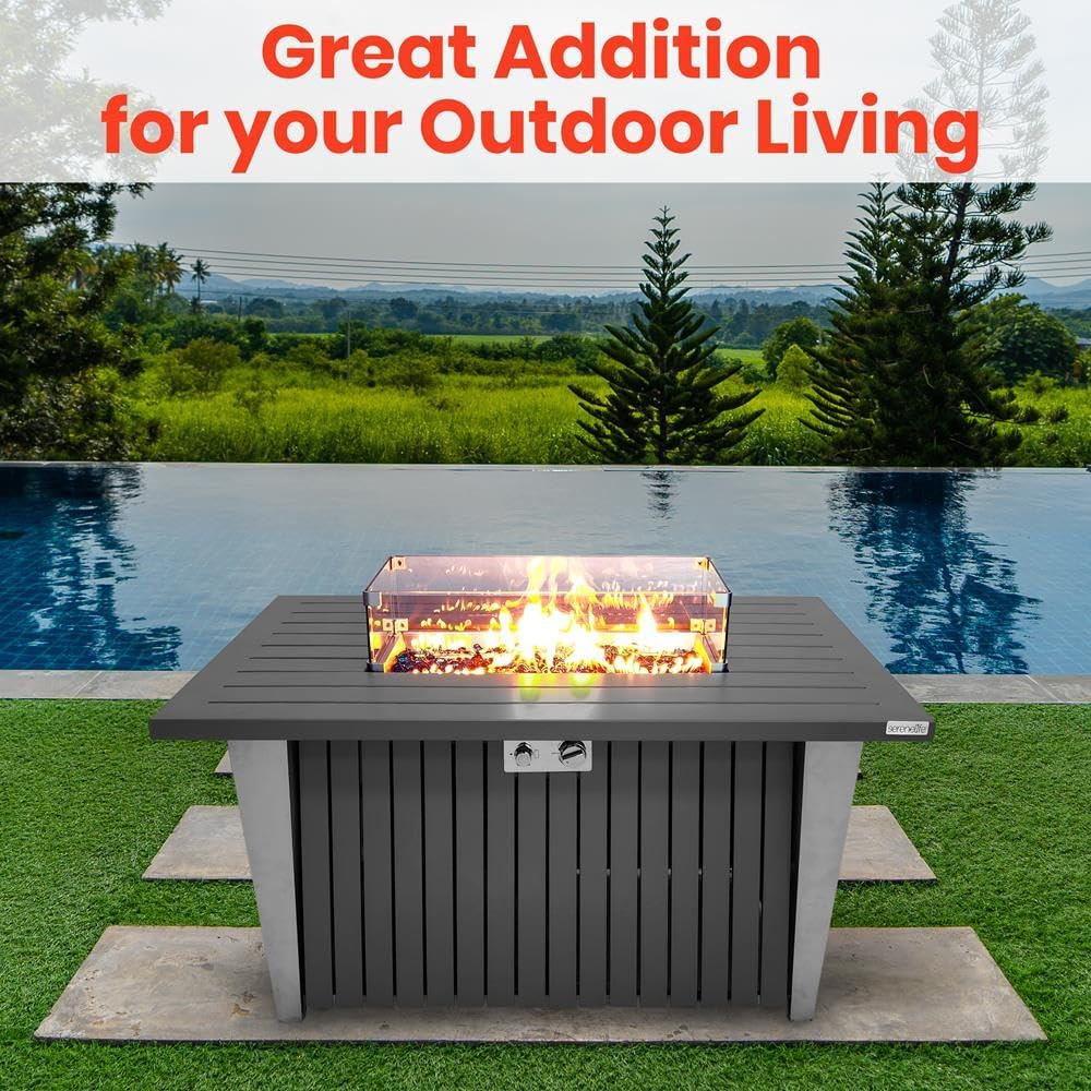 SereneLife Outdoor Propane Fire Pit Table - CSA/ETL Certified 50,000 BTU Pulse Ignition Weatherproof Rectangle Propane Gas Fire Table w/Adjustable Flame - Glass Rocks Wind Guard, Black SLFPSX55