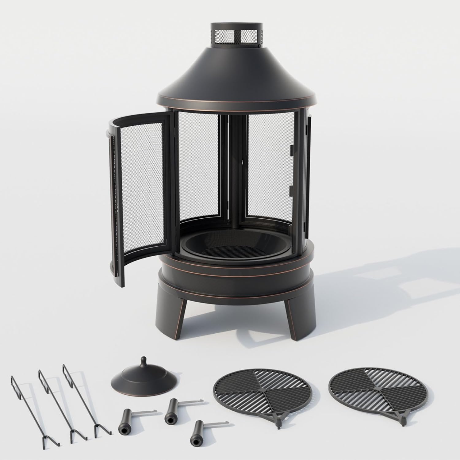 ALAULM Metal Chiminea Fire Pit with Grill, 2 in 1 Firepit with Adjustable Grill Tray & Mesh Spark Screen Door, 3-Door Multi-Access Fireplace for Patio, Garden & Backyard
