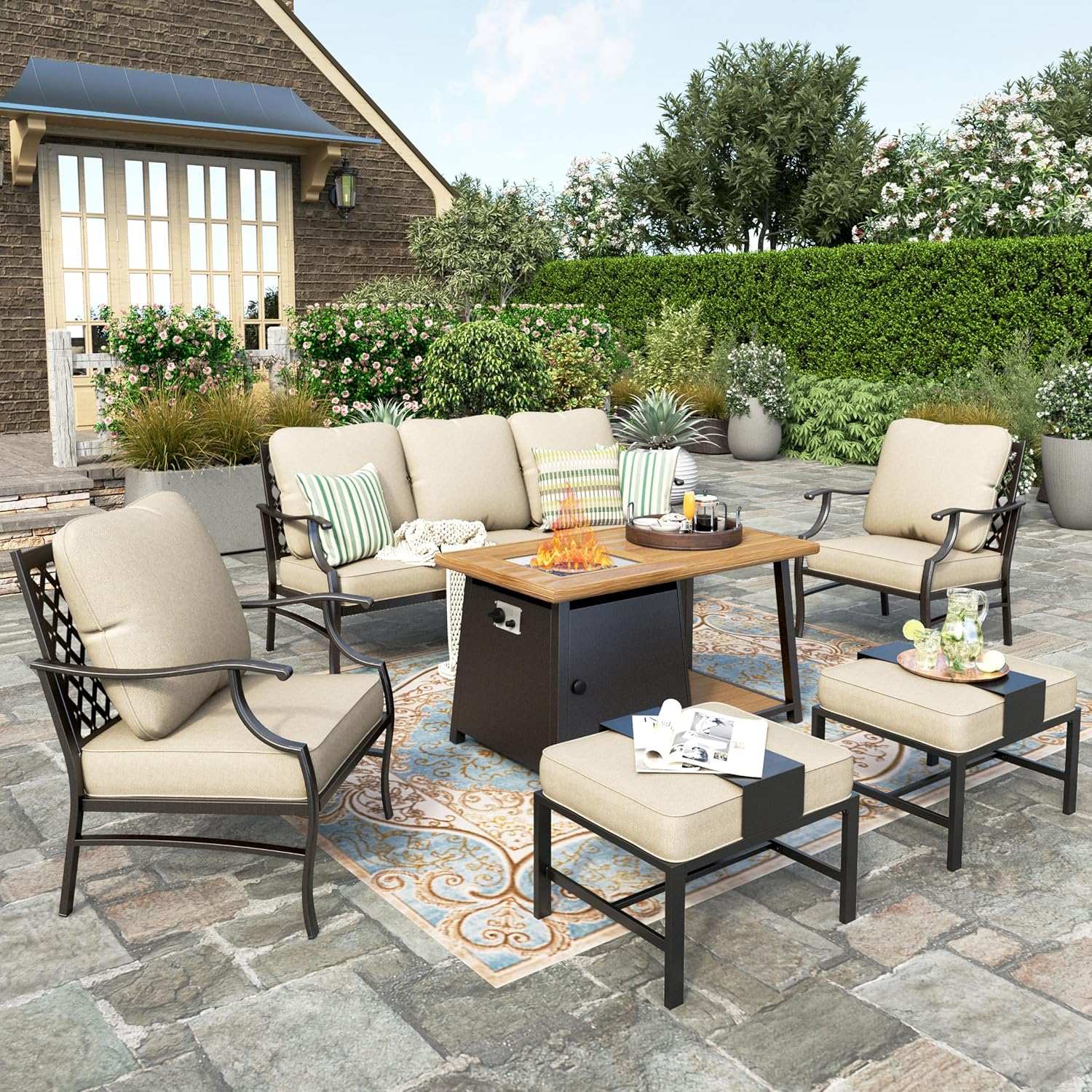 HERA'S HOUSE 6 Pieces Patio Furniture Set with Fire Pit Table, 2 x Single Chair, 2 x Ottoman, 3-Seat Sofa with 46