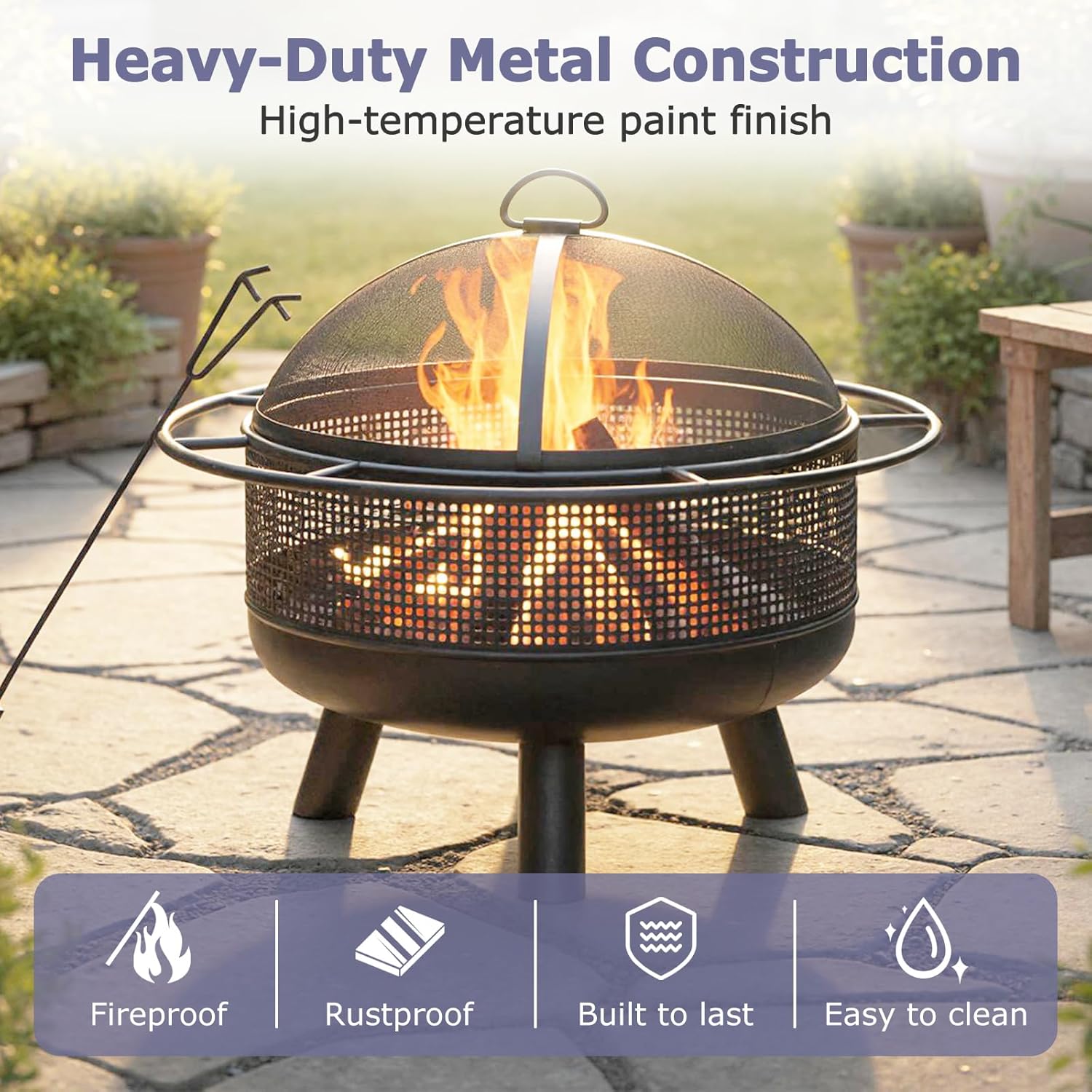 Tangkula Fire Pit for Outside Wood Burning, 24 Inch Heavy-Duty Metal Fire Bowl with Spark Screen, Poker, Log Grate, Portable Outdoor Round Fire Pit for Camping Bonfire Patio Backyard Garden