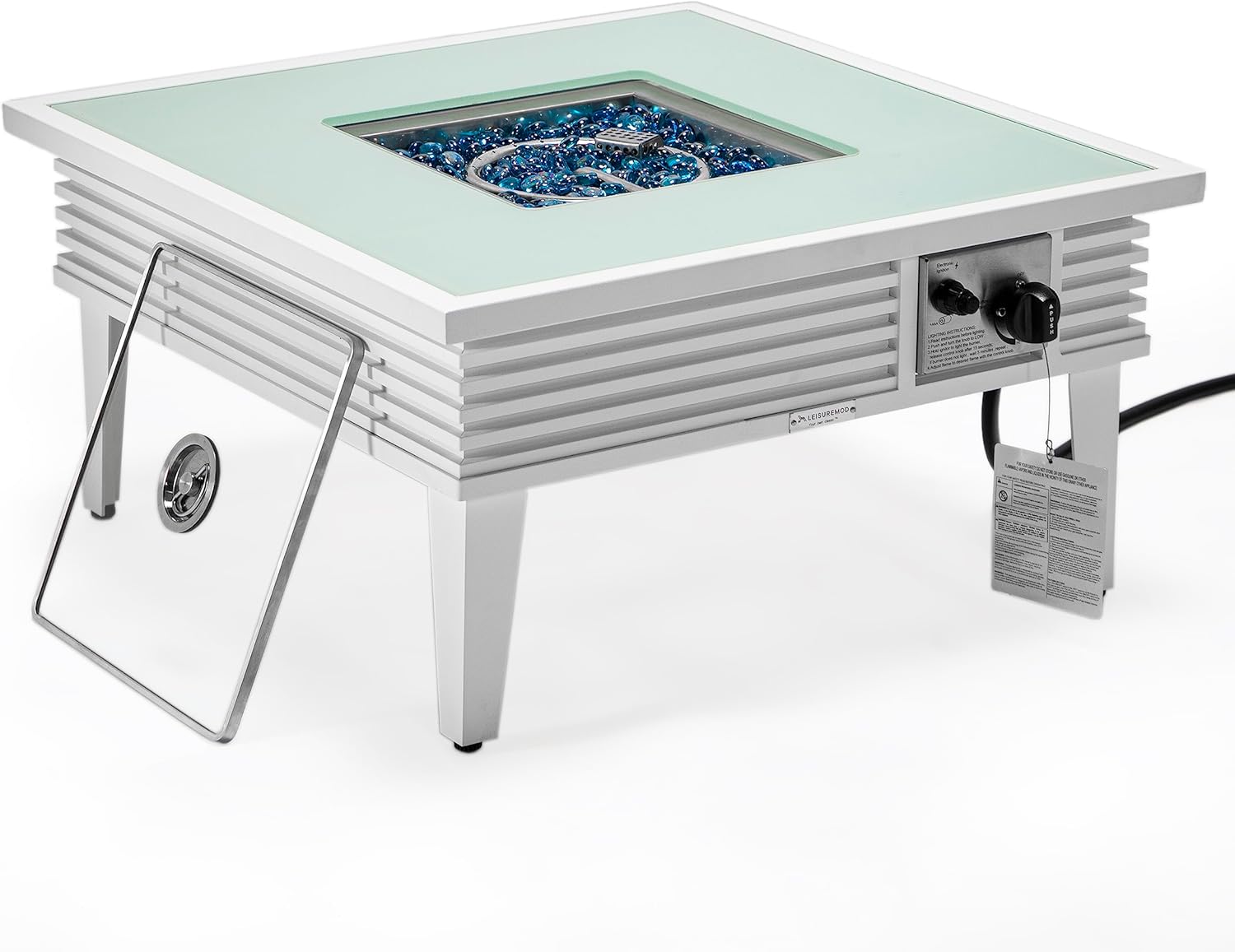 LeisureMod Walbrooke Modern Square Fire Pit Table and Tank Holder with Powder Coated Aluminum Slats Design for Patio and Backyard Garden, White