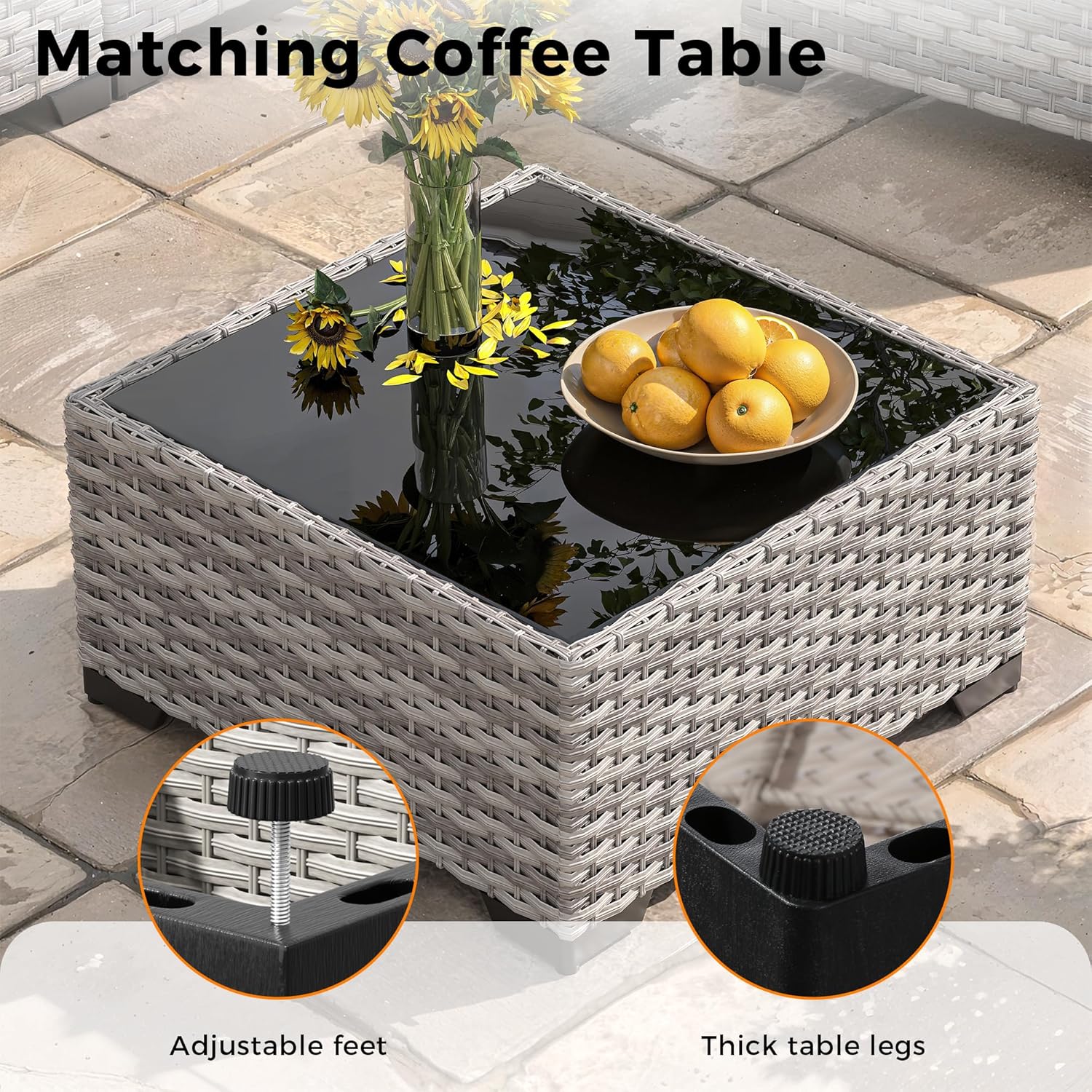 6-Seat Modern Outdoor Wicker Rattan Patio Furniture Set with 55,000 BTU Fire Pit Table, Thick 4″ Cushions, All-Weather Dual-Strand Rattan, Rust-Resistant Steel Frame,Black