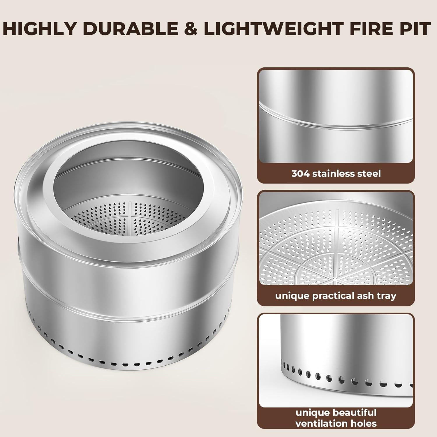 27 inch Smokeless Fire Pit, Outdoor Stainless Steel Smokeless Firepit, Wood Burning Fire Pits for Camping Backyard Patio Garden Picnic, Low Smoke Firepit for Outside