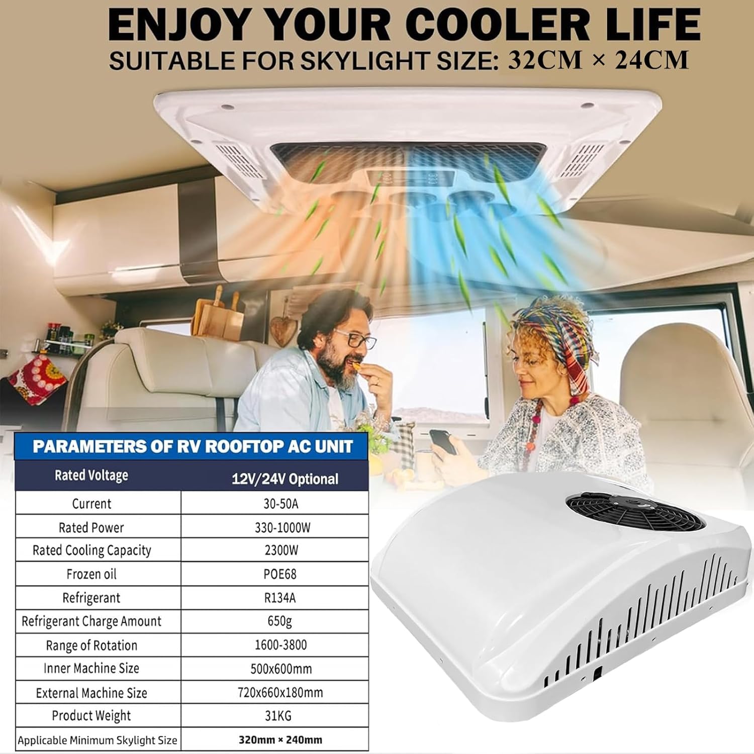 24V Air Conditioner with Heat 9500 BTU, Universal AC Unit RV Roof Top Air Conditioner Heater Combo, Quiet 24 Volt Camper A/C Unit, Heating & Cooling For Crane Truck Trailer Caravan Loader Excavator