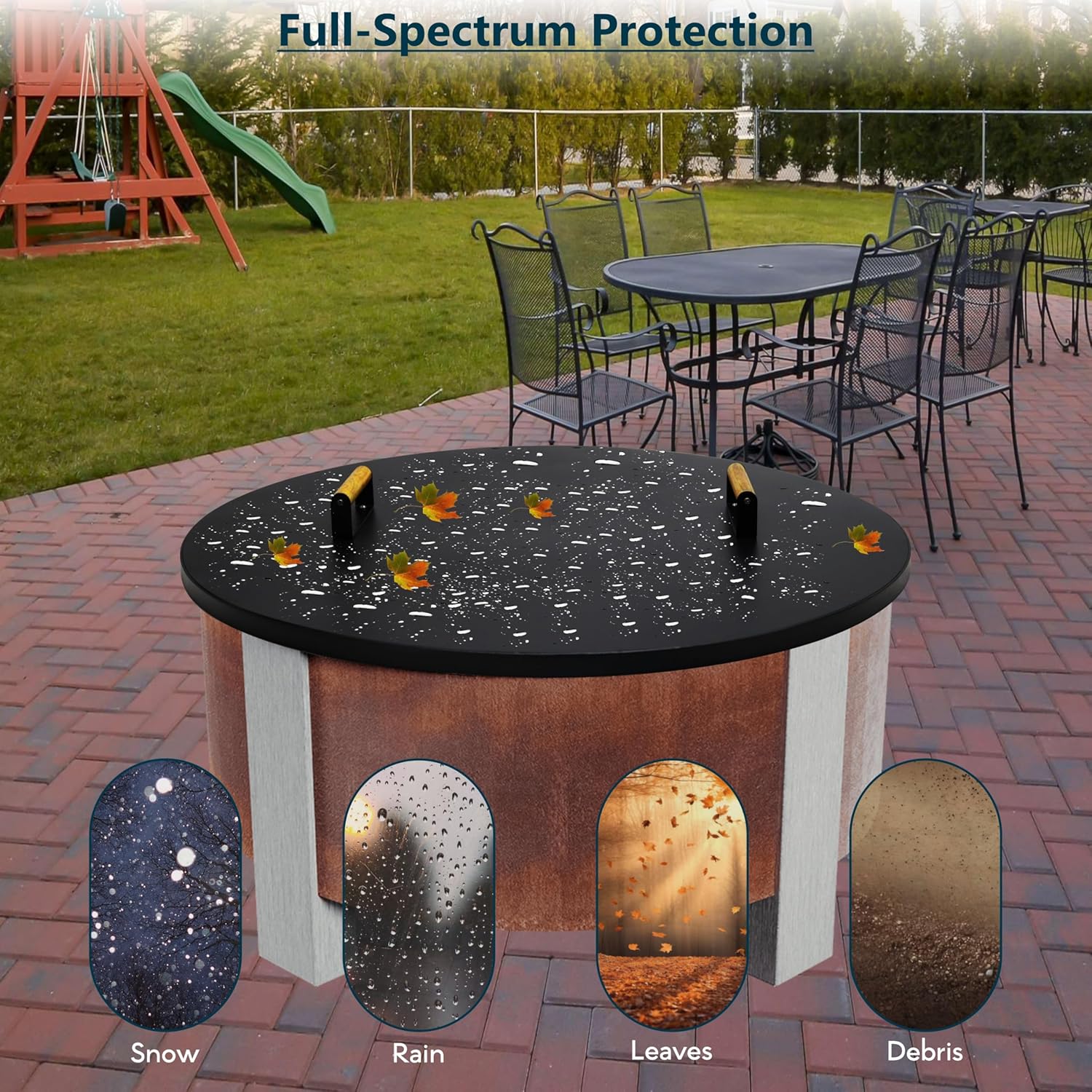 35” Fire Pit Cover Lid Round - Fit for 34.5 Round Fire Pit Lid for Outdoor Fireplace Cover Lid Steel fire Pit Metal Cover W/ 2 Wooden Handles & Heat Resistant Snuffer Lid for Patio Fire Pit Ring